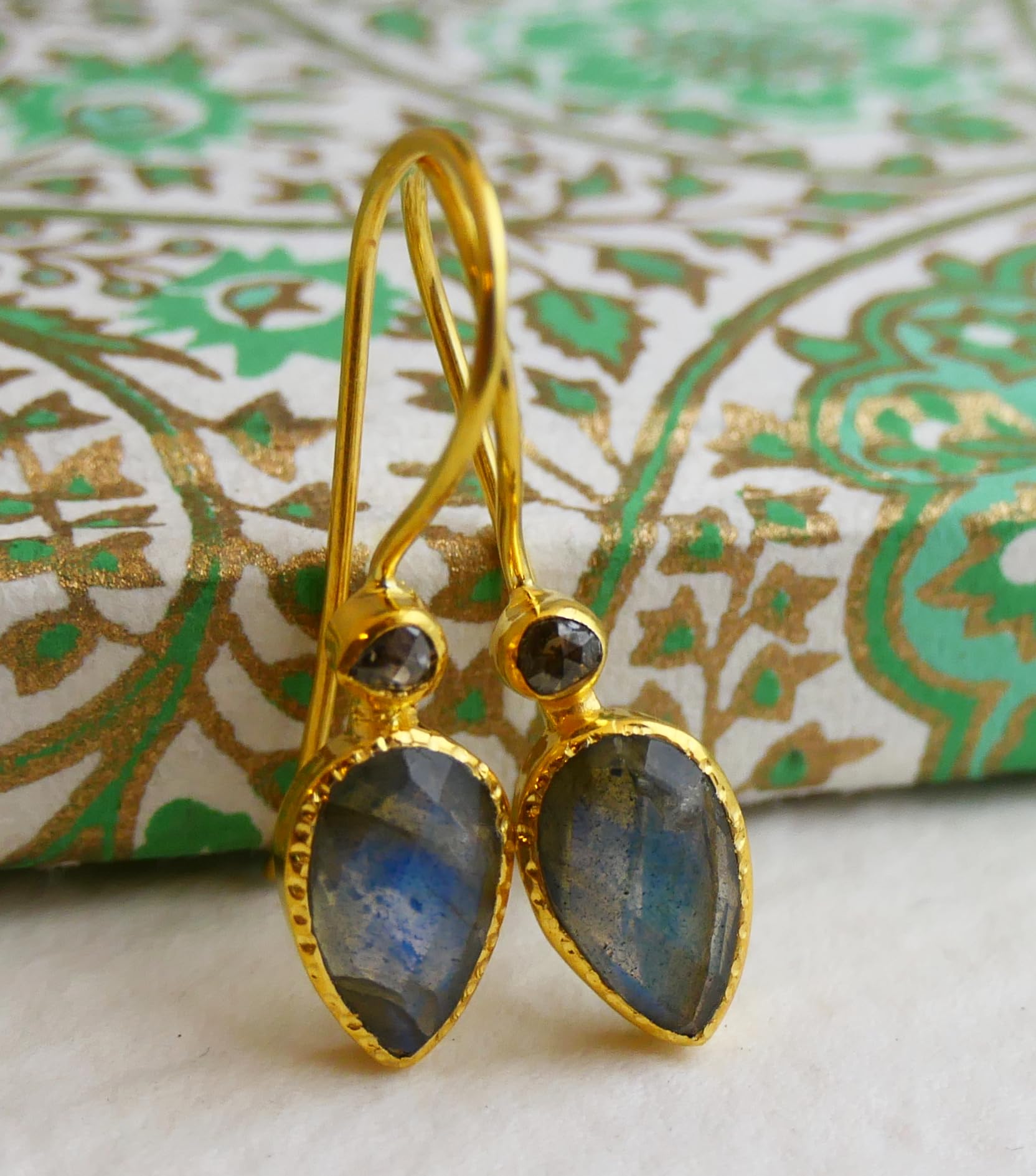 Labradorite and Diamond Gold Plated Sterling Silver Drop Earrings | Natural Gemstone Jewelry for Women | Handmade Birthday, Valentine's & Mother's Day Gift | Elegant Evening Wear & Special Occasion Accessories