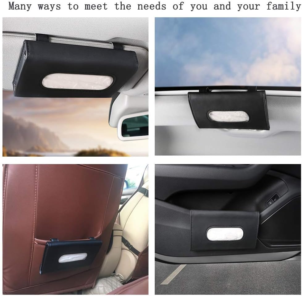 Black PU Leather Car Sun Visor Tissue Box Holder - Hanging Napkin & Mask Organizer for Vehicles | Perfect Car Accessory Gift Idea | Keep Tissues Handy While Driving