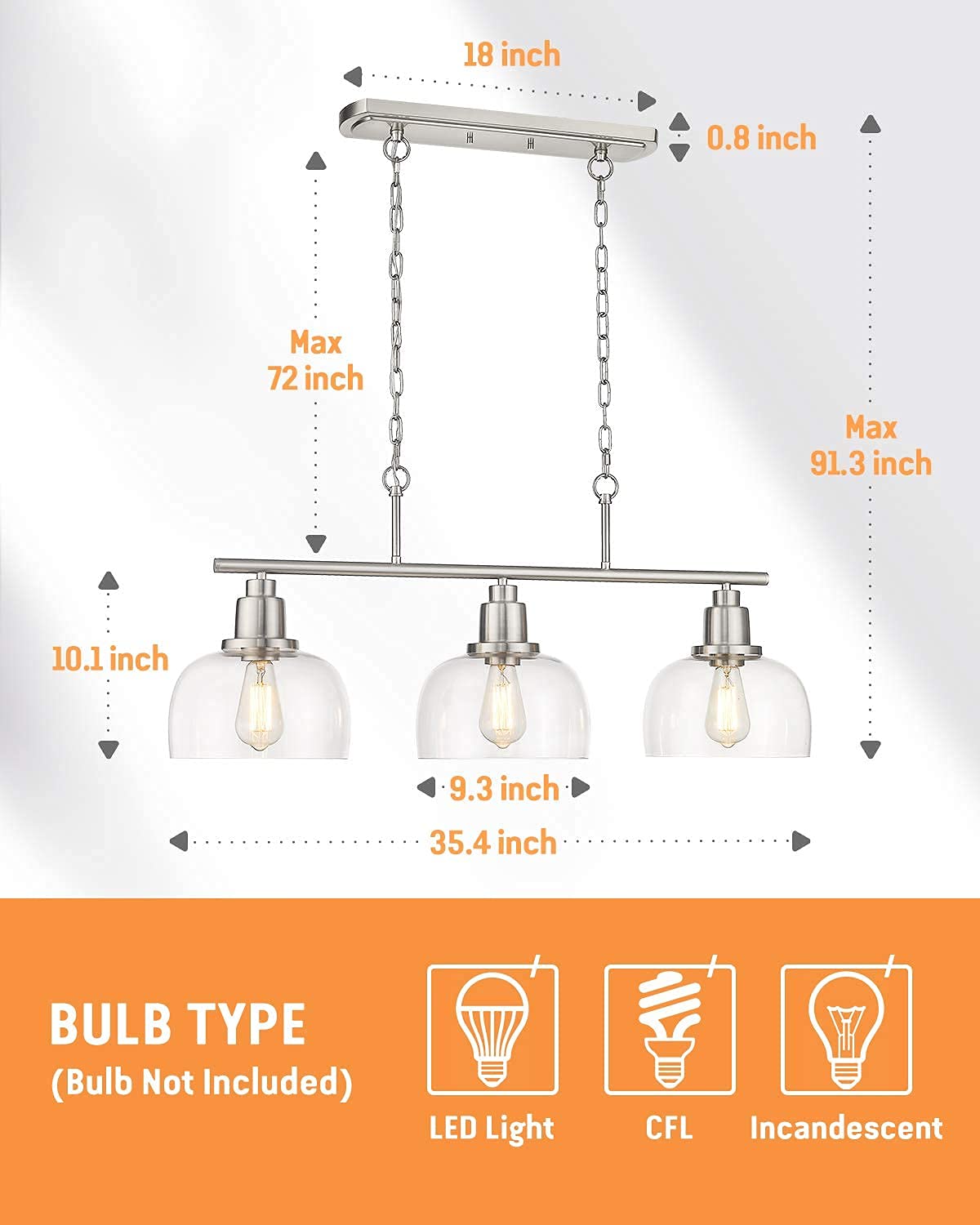 EAPUDUN 3-Light Linear Chandelier - Brushed Nickel Finish with Clear Glass Shade - Modern Farmhouse Lighting for Kitchen Island, Dining Room, Foyer, Hallway & Entryway - Perfect for Home Decor and Interior Design