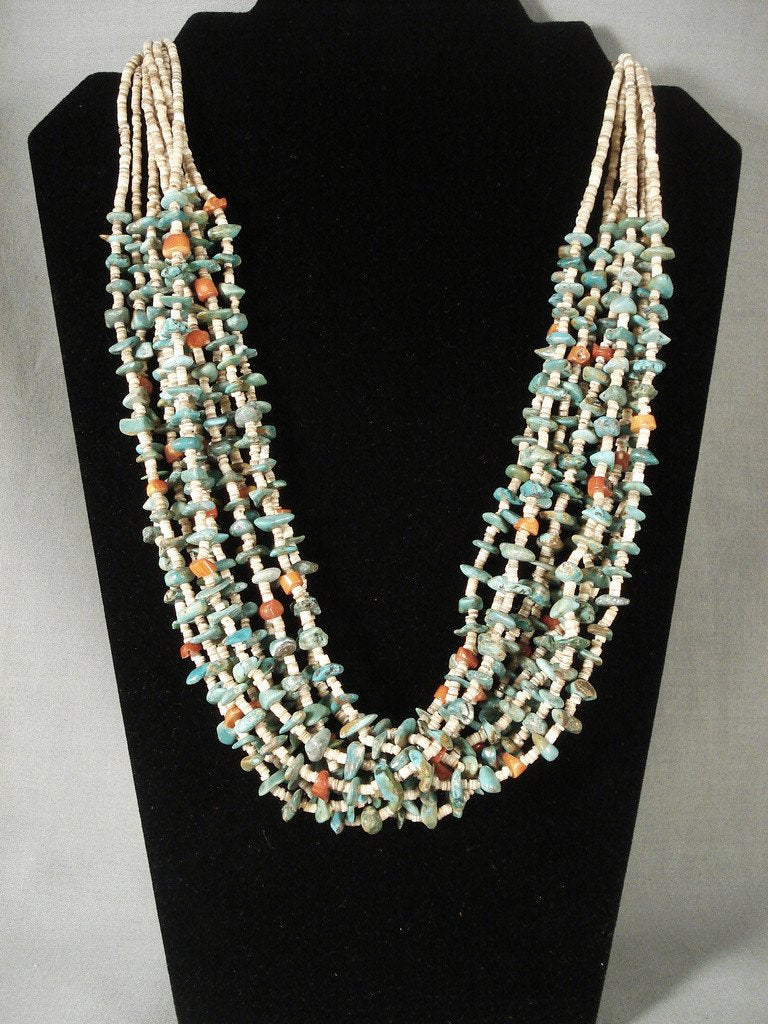 Authentic Navajo Native American Jewelry - 156g Natural Green Turquoise Coral Tight Braid Necklace for Women - Perfect for Boho Fashion, Festivals & Spiritual Ceremonies