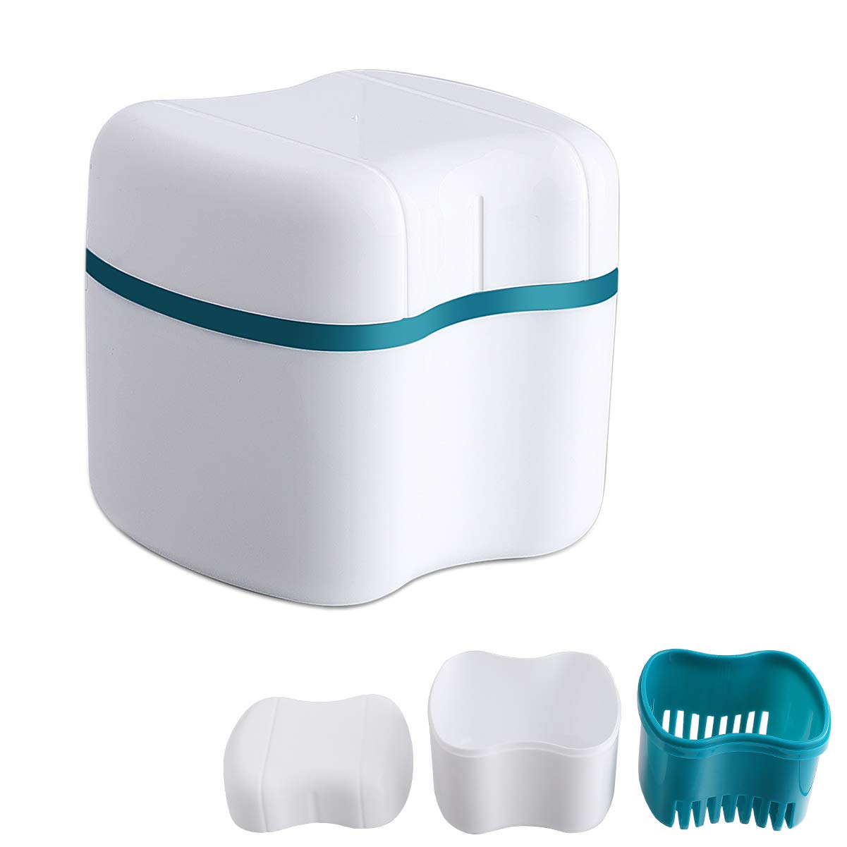 Denture Cleaning Case with Basket - Denture Soaking Cup & Retainer Holder for False Teeth | Portable Denture Bath Container for Travel & Home Use