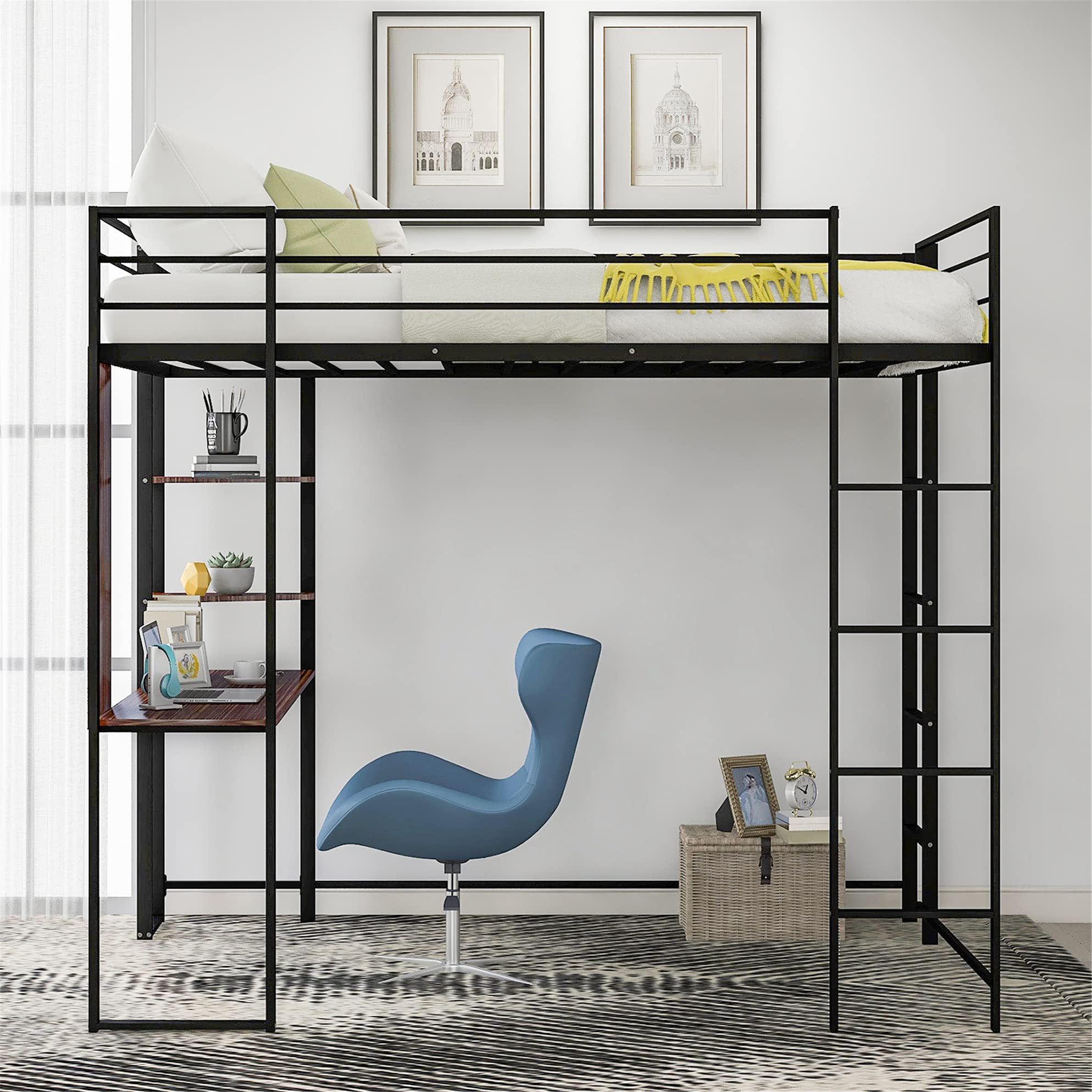 **Harper & Bright Designs Full Loft Bed with Desk & Shelves - Heavy Duty Metal Frame for Kids & Teens - No Box Spring Needed - Space-Saving Study & Sleep Solution (Black, Full Size)**    **Usage Scenarios:** Perfect for small bedrooms, dorm rooms, or shared spaces, offering a functional study area and cozy sleeping loft. Ideal for students, teens, or young adults needing extra storage and workspace.