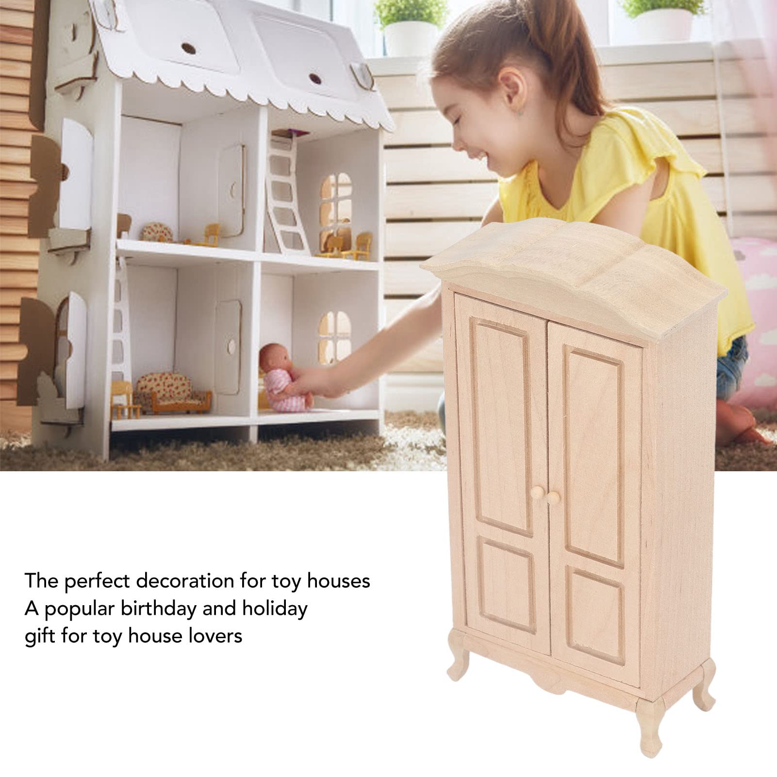 1/12 Scale Miniature Wooden Wardrobe - Double Door Dollhouse Closet for Cabinet, Mini House Furniture & Doll Accessories | Perfect for DIY Dollhouse Decor, Miniature Room Displays & Collectors