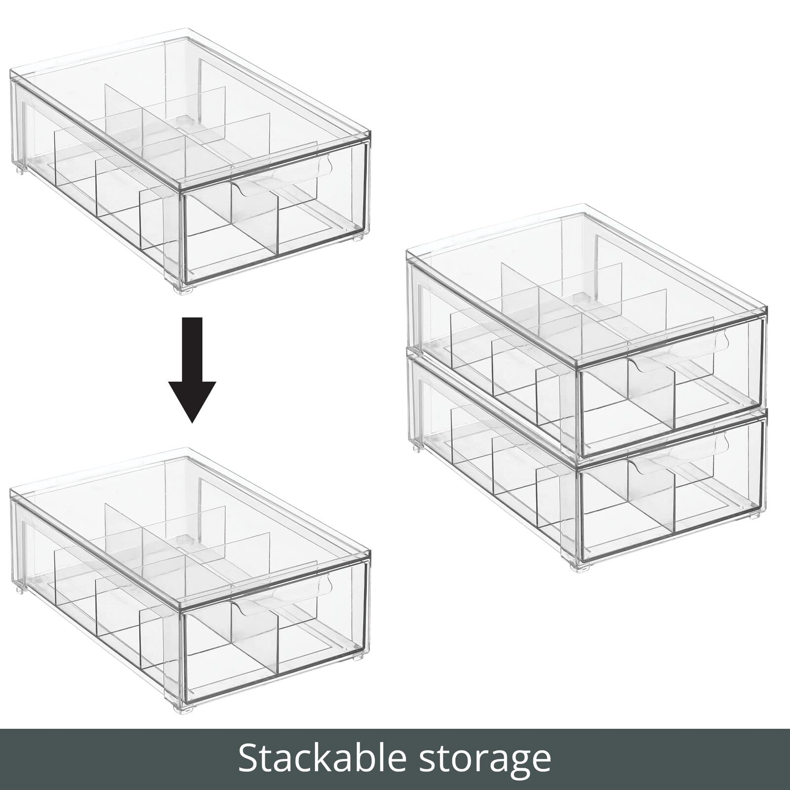 mDesign Plastic Kitchen and Pantry Organizer with Divided Drawer - Stackable 8-Section Bin for Tea, Snacks, Spices - Perfect for Cabinet, Fridge, Countertop Storage - Clear Lumiere Collection (4-Pack) - Ideal for Small Space Organization & Kitchen Decluttering