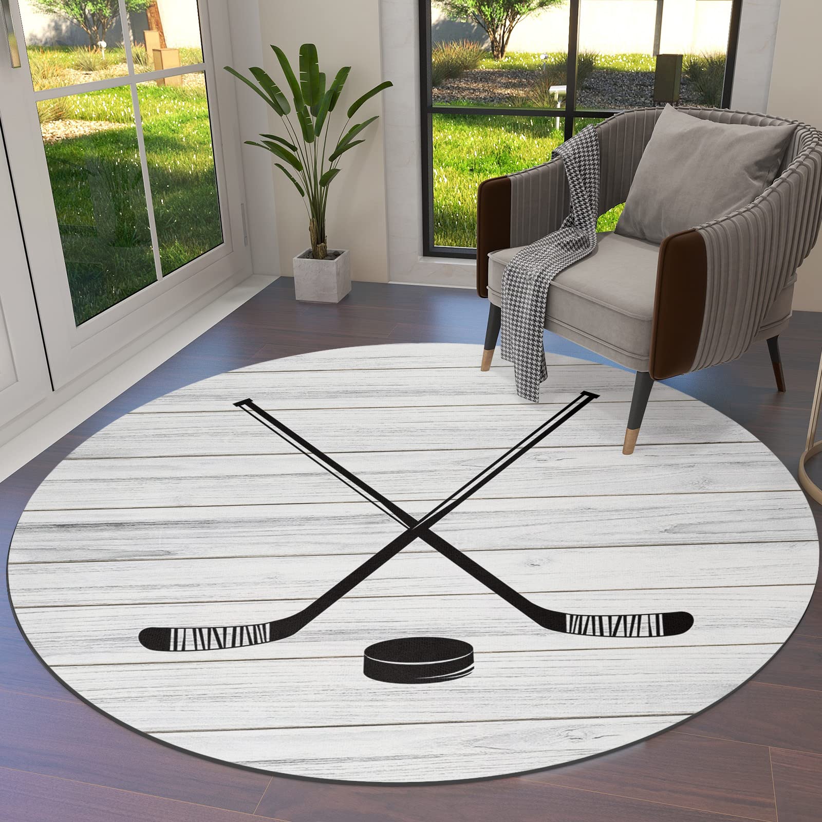Hockey Sport Theme Round Area Rug - 5ft Diameter Anti-Skid Rustic Wooden Board Design Floor Mat for Kids Room, Nursery, Office, Bedside & Living Room | Perfect for Sports Decor, Playrooms & Cozy Home Spaces
