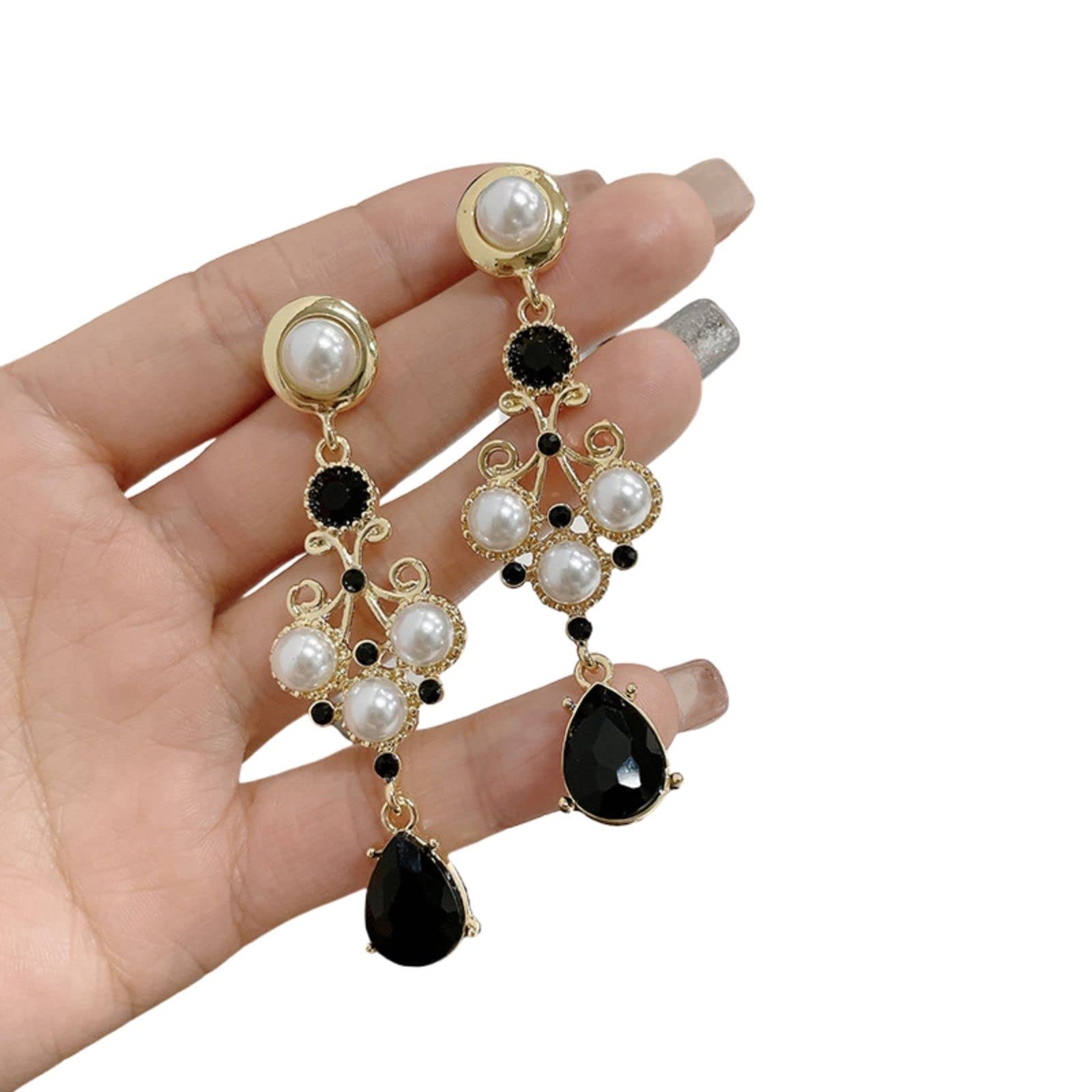 Black Datura Baroque Pearl Drop Earrings - French Palace Style Vintage Jewelry with Black Diamonds & Four Leaf Clover Design for Women | Elegant Evening Party & Wedding Accessories
