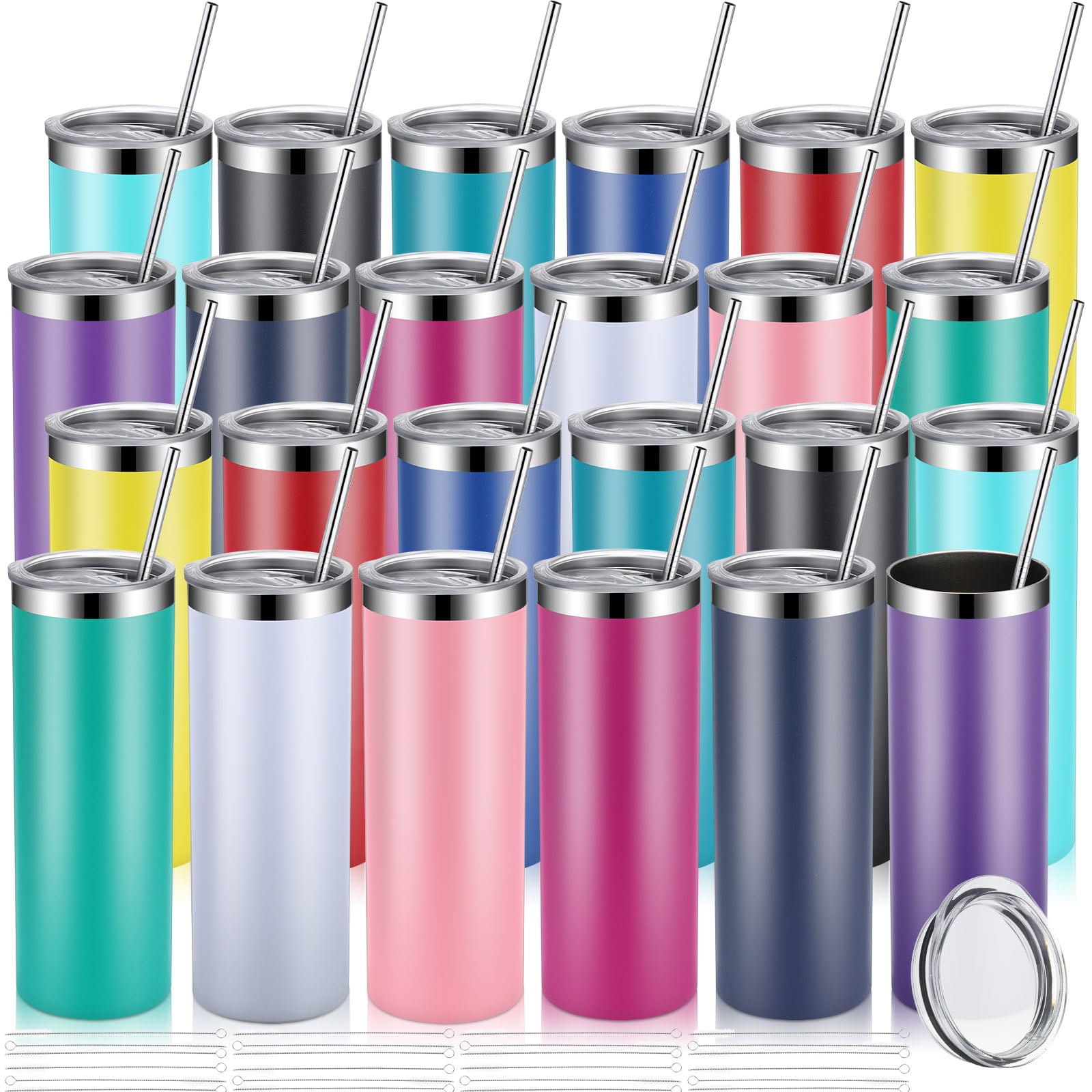 20 oz Skinny Tumbler Bulk Pack - 24 Pcs Stainless Steel Insulated Cups with Lids & Straws, Double Wall Vacuum Travel Mug for Coffee, Iced Tea & DIY Crafts (Mixed Colors) - Perfect for Office, Gym, Camping & Road Trips