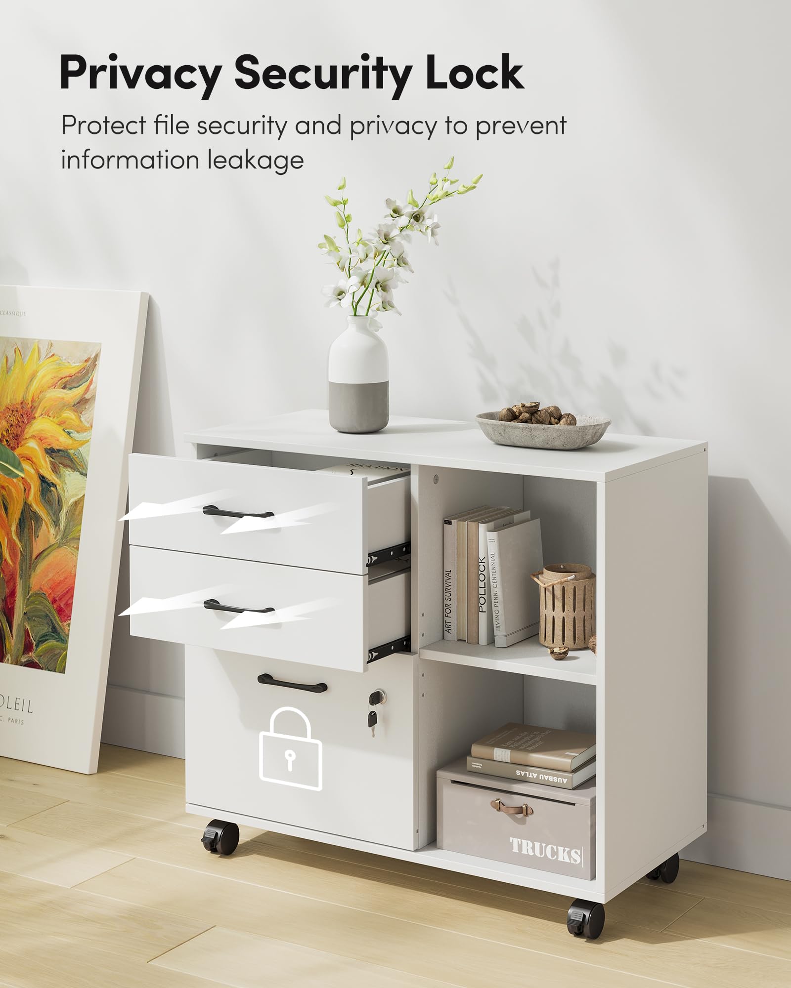 FEZIBO Home Office File Cabinet with Locking Drawers & Open Storage Shelves - Mobile Lateral Filing Cabinet & Printer Stand - White - Perfect for Organizing Documents & Office Supplies in Small Spaces