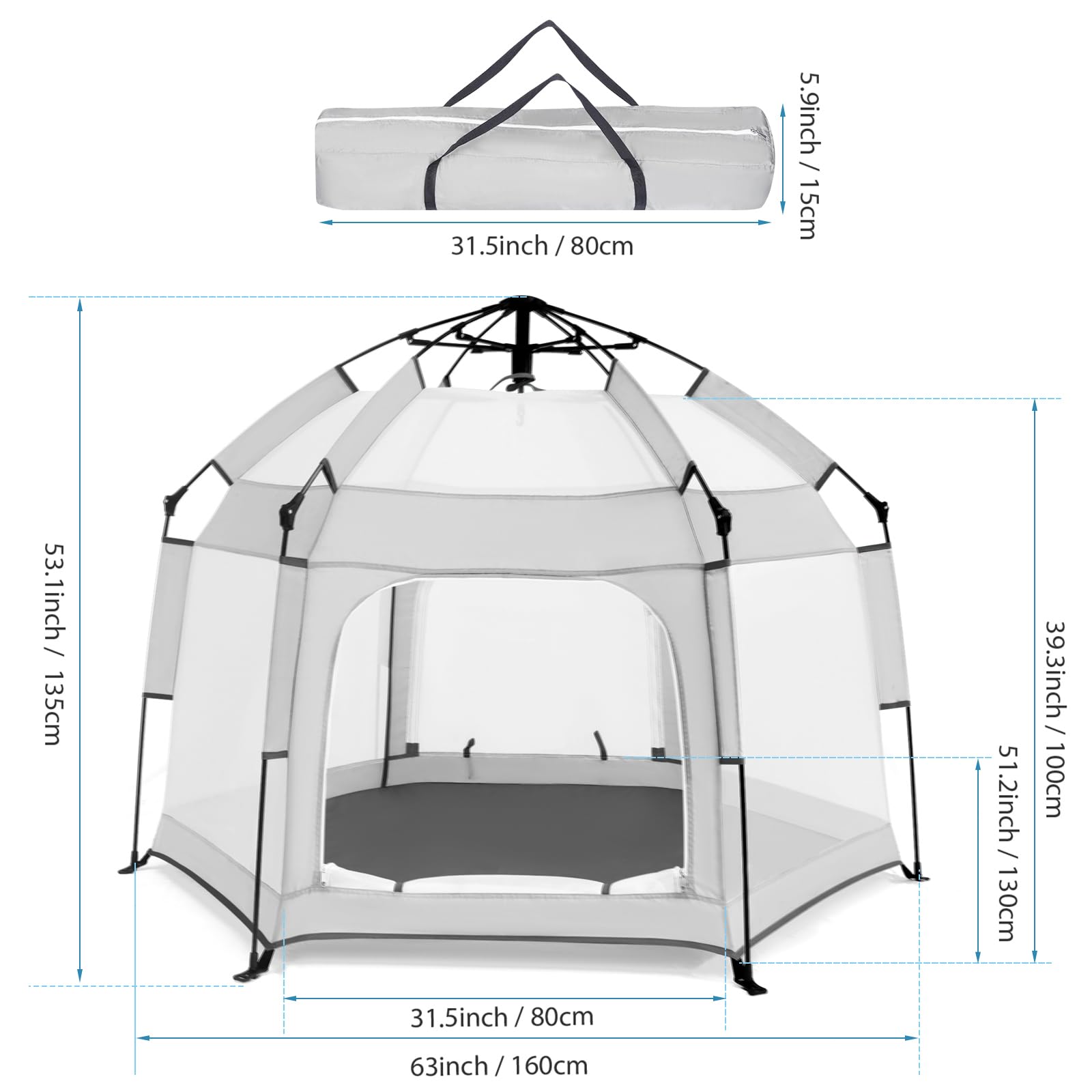 Portable Baby Playpen with Canopy - Foldable Play Yard for Toddlers Indoor & Outdoor, Light Grey Infant Beach Tent with Mosquito Net | Perfect for Park, Beach, Backyard & Nursery Use