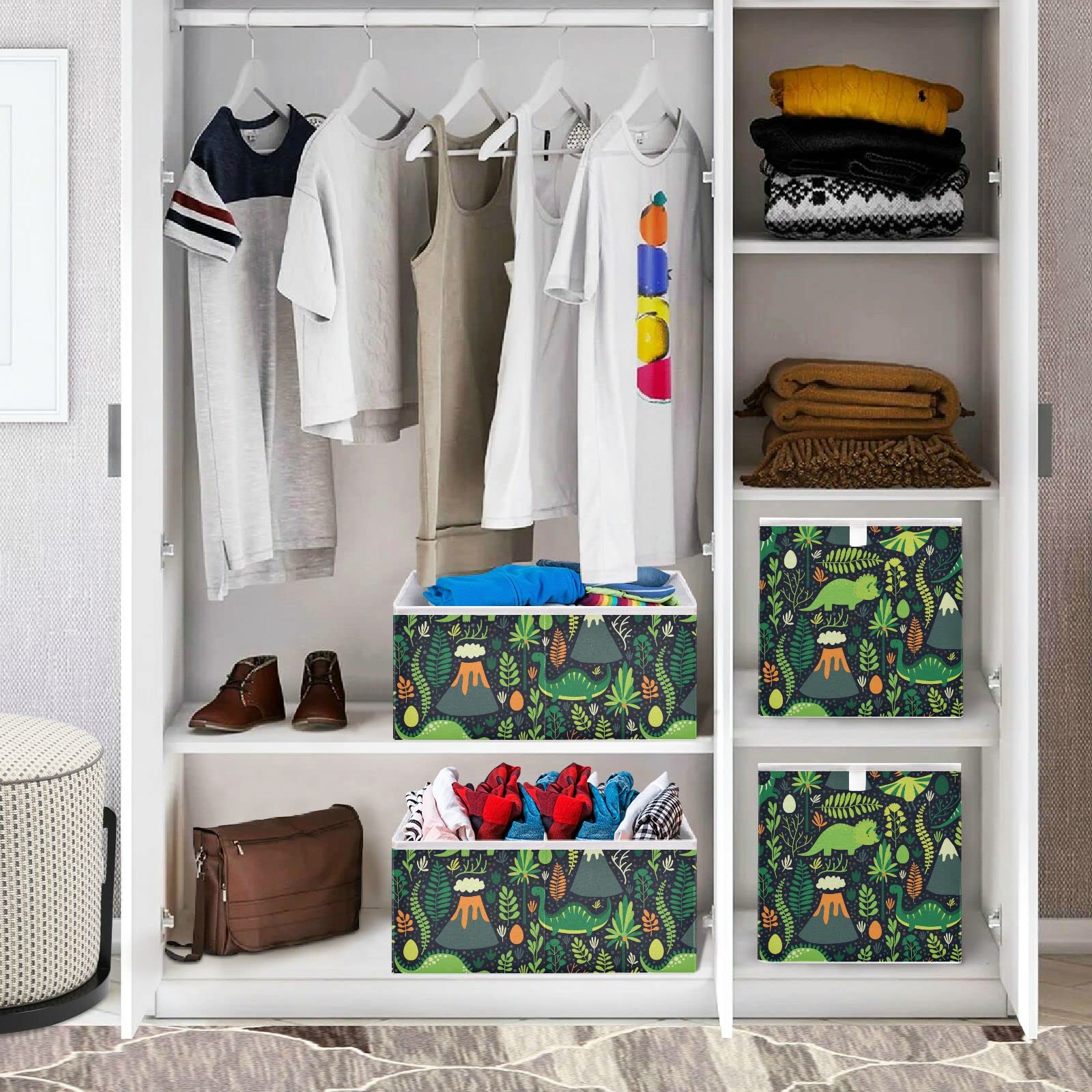 Handmade Dinosaur Pattern Foldable Fabric Storage Bins with Handles - 11x11x11 Inch Waterproof Closet Organizer for Bedroom, Kids Room & Office - Space Saving Home Organization Solution for Toys, Books & Supplies