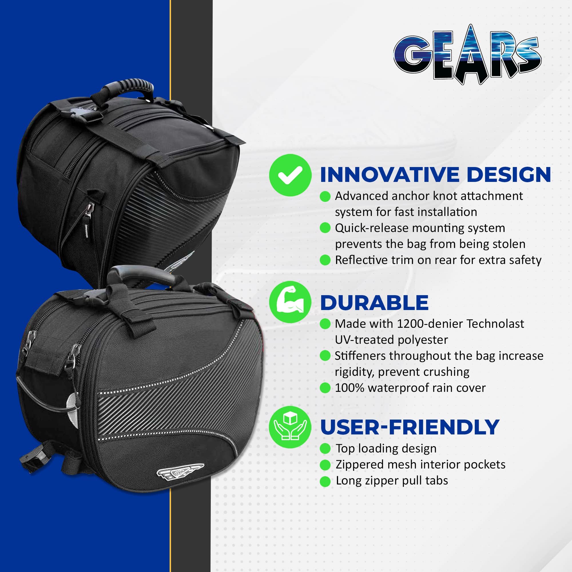 GEARS Voyager Motorcycle Saddlebags - Waterproof Expandable Leather Motorcycle Luggage Bags for Harley, Cruiser & Touring Bikes - Back Seat Storage Accessories (Pair) - Perfect for Long Rides, Road Trips & Daily Commuting