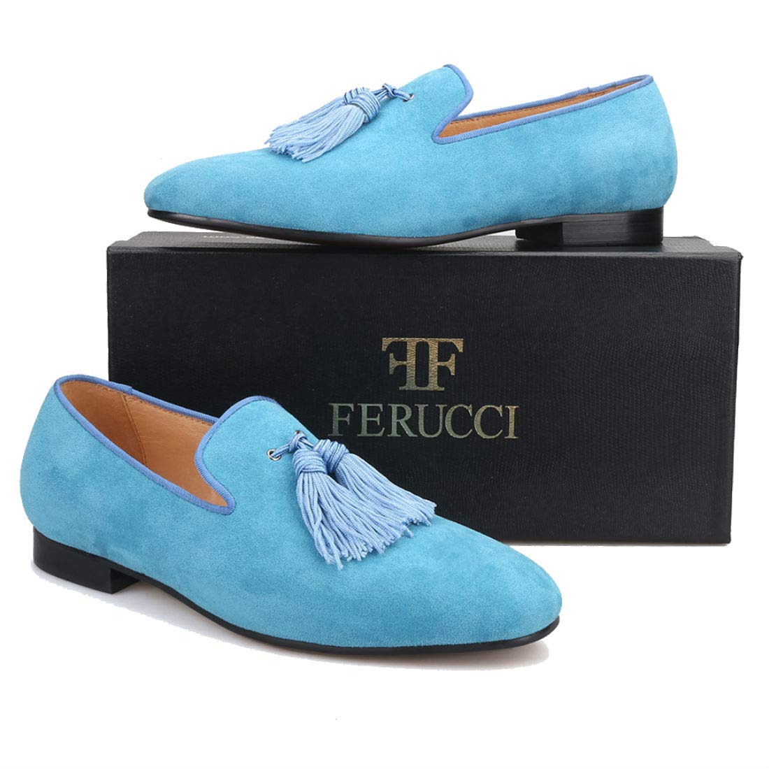 FERUCCI Men's Light Blue Suede Loafers - Comfortable Slip-On Slippers with Big Blue Tassel | Casual Indoor & Outdoor Shoes for Relaxing at Home or Running Errands