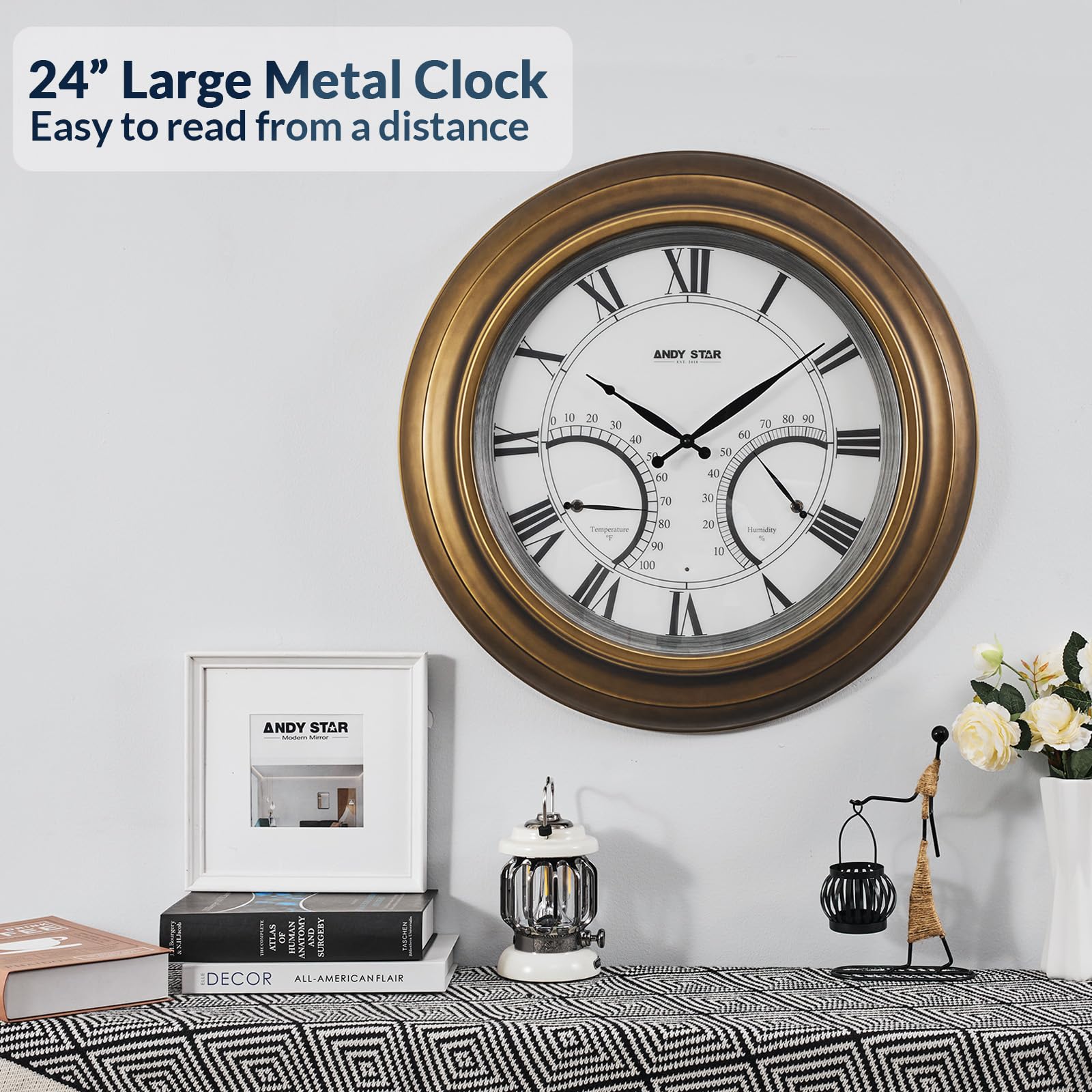 24 Inch Large Outdoor Wall Clock with Thermometer - Waterproof, Illuminated, Non-Ticking Metal Clock for Patio, Garden & Backyard - Battery Operated, Gold Finish - Perfect Housewarming Gift & Outdoor Decor