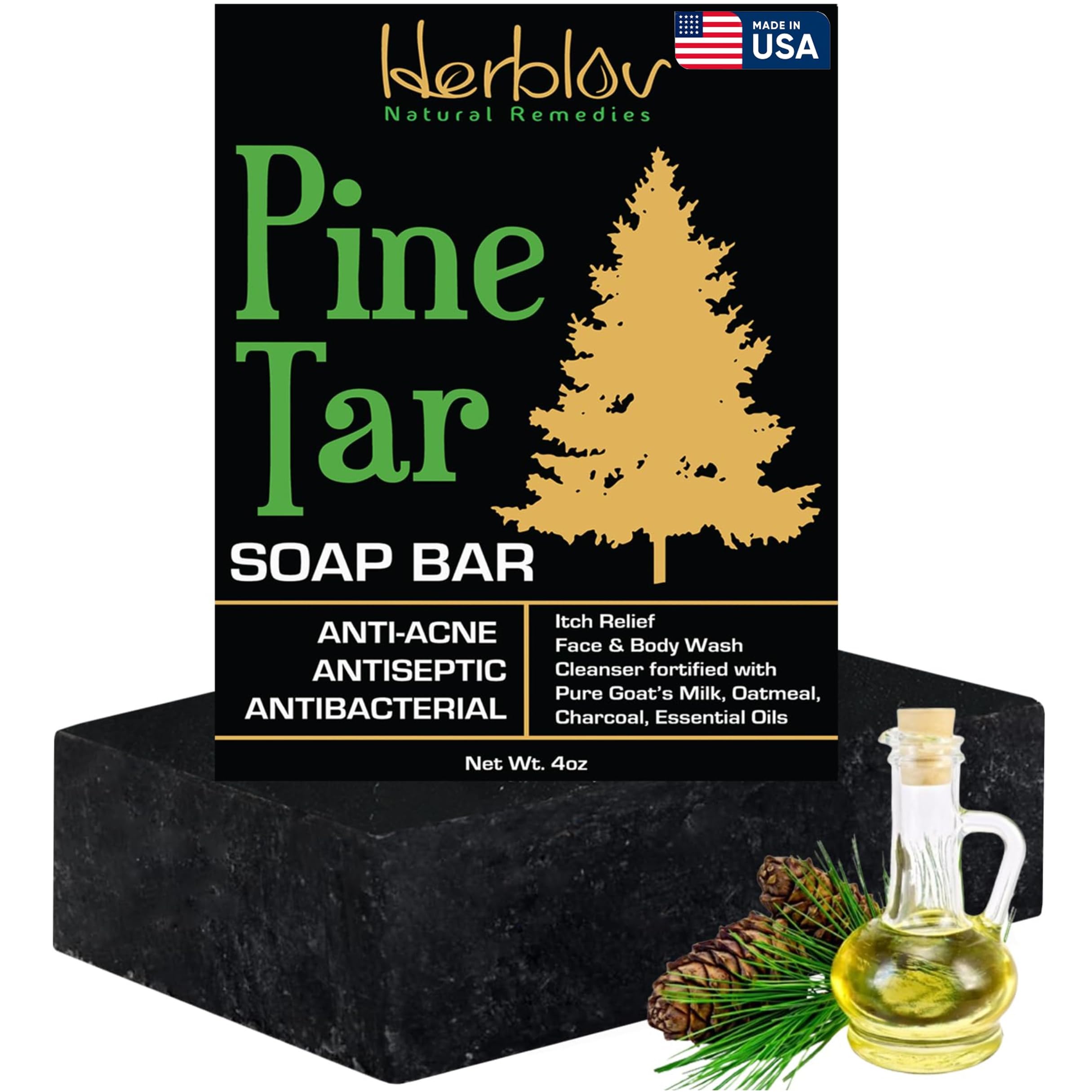All Natural Pine Tar Soap Bar 4oz – Anti Acne, Eczema & Psoriasis Relief – Goat’s Milk Soap with Oatmeal & Charcoal – Face & Body Cleanser for Itchy Skin – Made in USA – Perfect for Sensitive Skin & Daily Skincare Routine