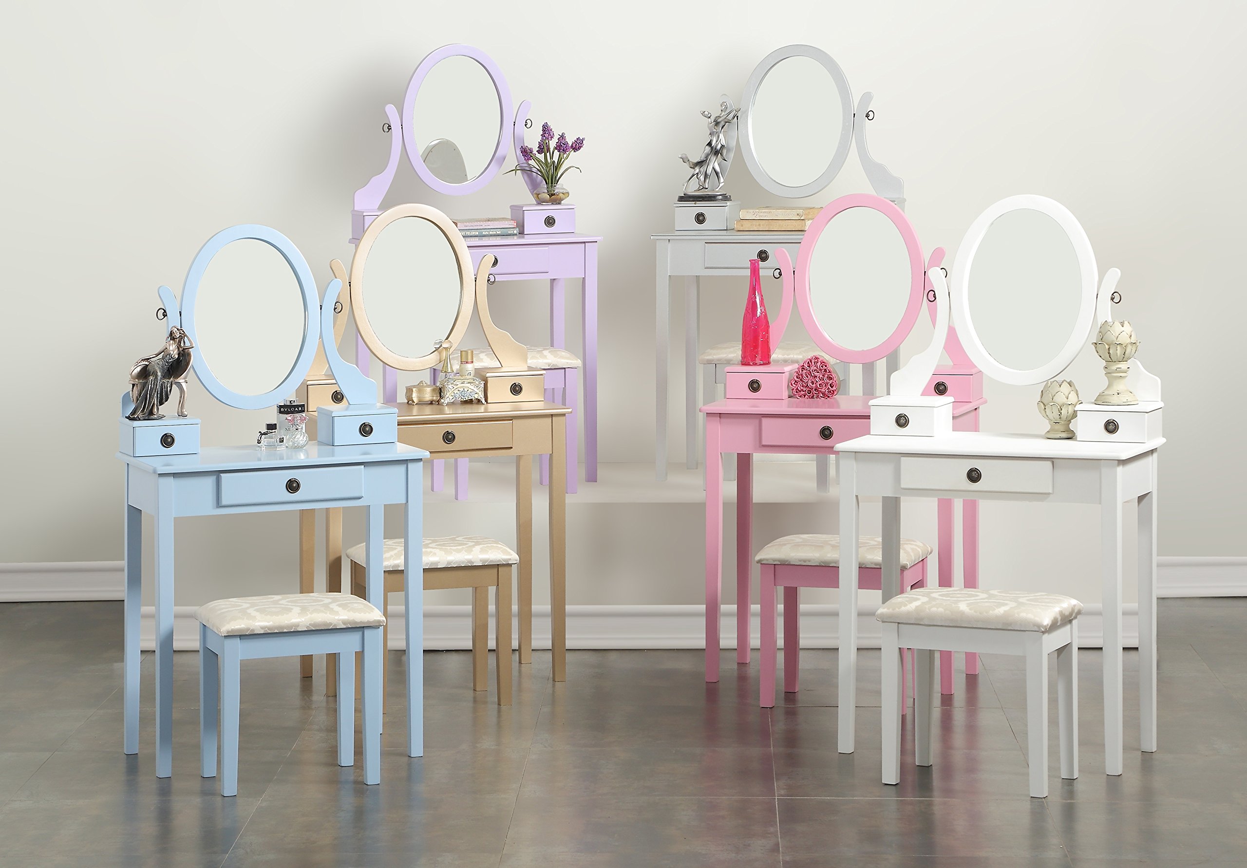 Roundhill Furniture Moniys Wood Makeup Vanity Table and Stool Set with Mirror - Gold Finish | Elegant Dressing Table for Bedroom, Bathroom & Beauty Salon