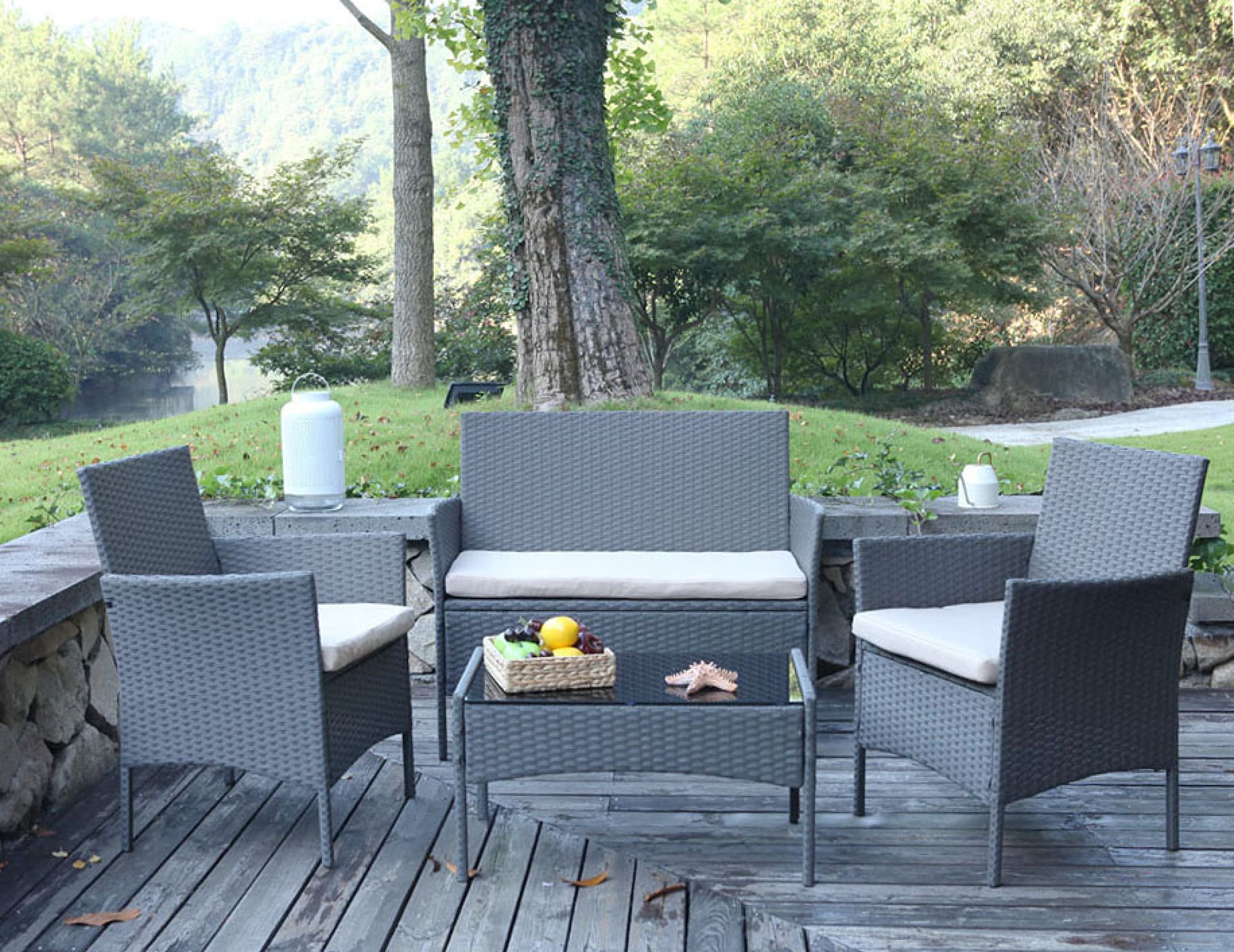 4PCS Outdoor Patio Furniture Set - All-Weather Rattan Sectional Sofa with Beige Cushions & Glass Coffee Table - Perfect for Backyard, Porch, Garden, Balcony - Gray