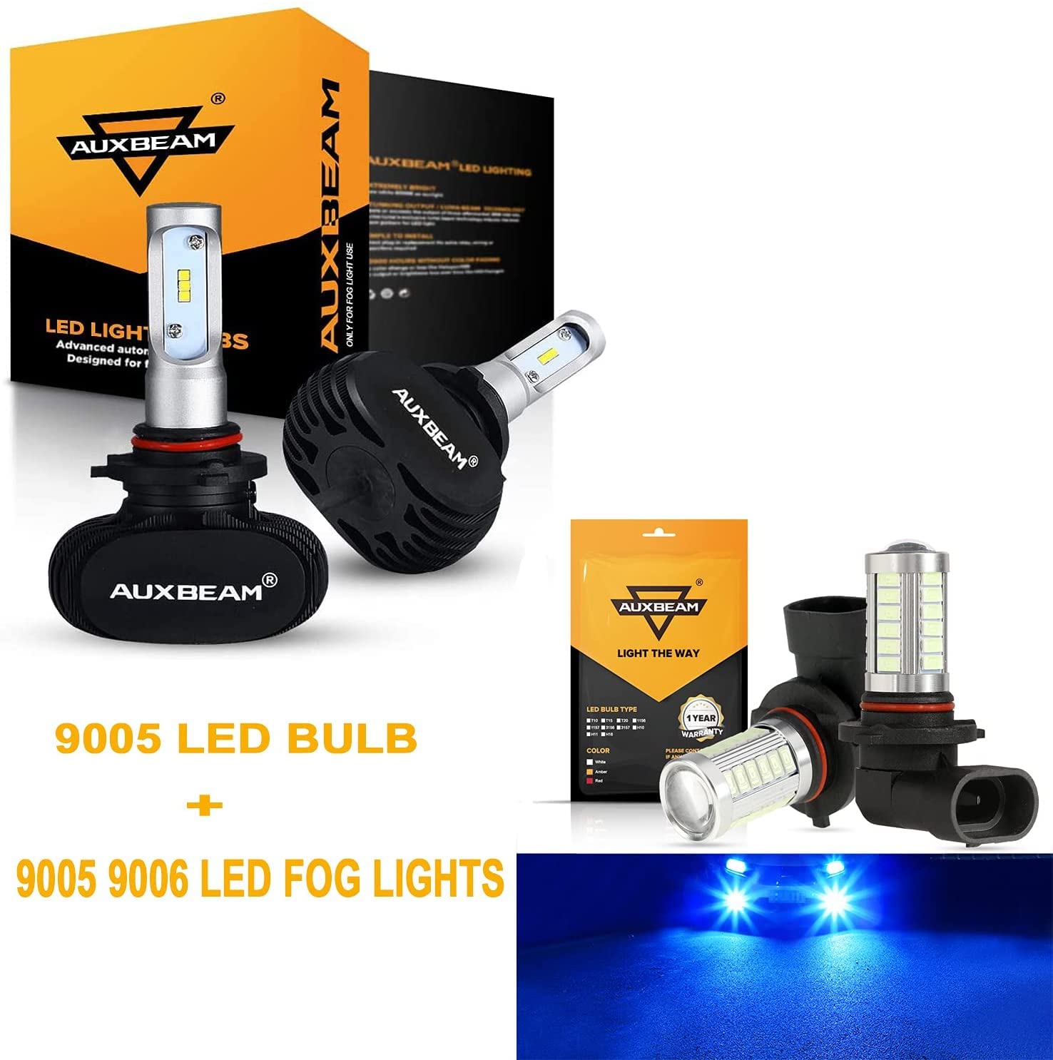 Auxbeam 9005 LED Headlight Bulbs 6500K White NF-S1 Series + 9005 9006 H10 LED Fog Light Bulbs 10000K Ice Blue (4-Pack) - High Brightness for Cars, Trucks, SUVs - Perfect for Night Driving & Foggy Conditions