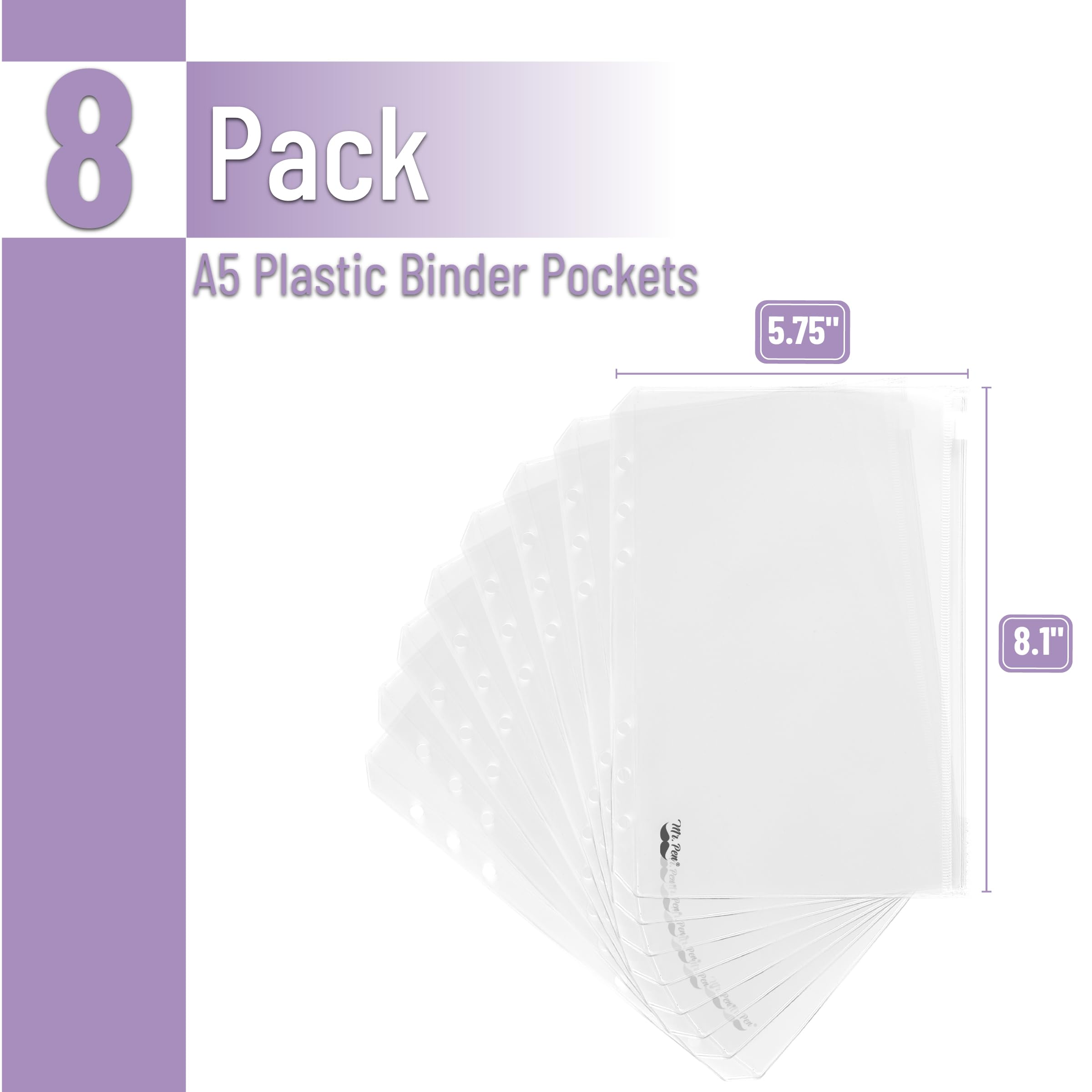 Mr. Pen A5 Plastic Binder Pockets - 8 Pack Clear 6-Ring Binder Envelopes for Money, Cash & Documents - Lightweight Money Organizer for Office, School & Travel (8 Pieces)