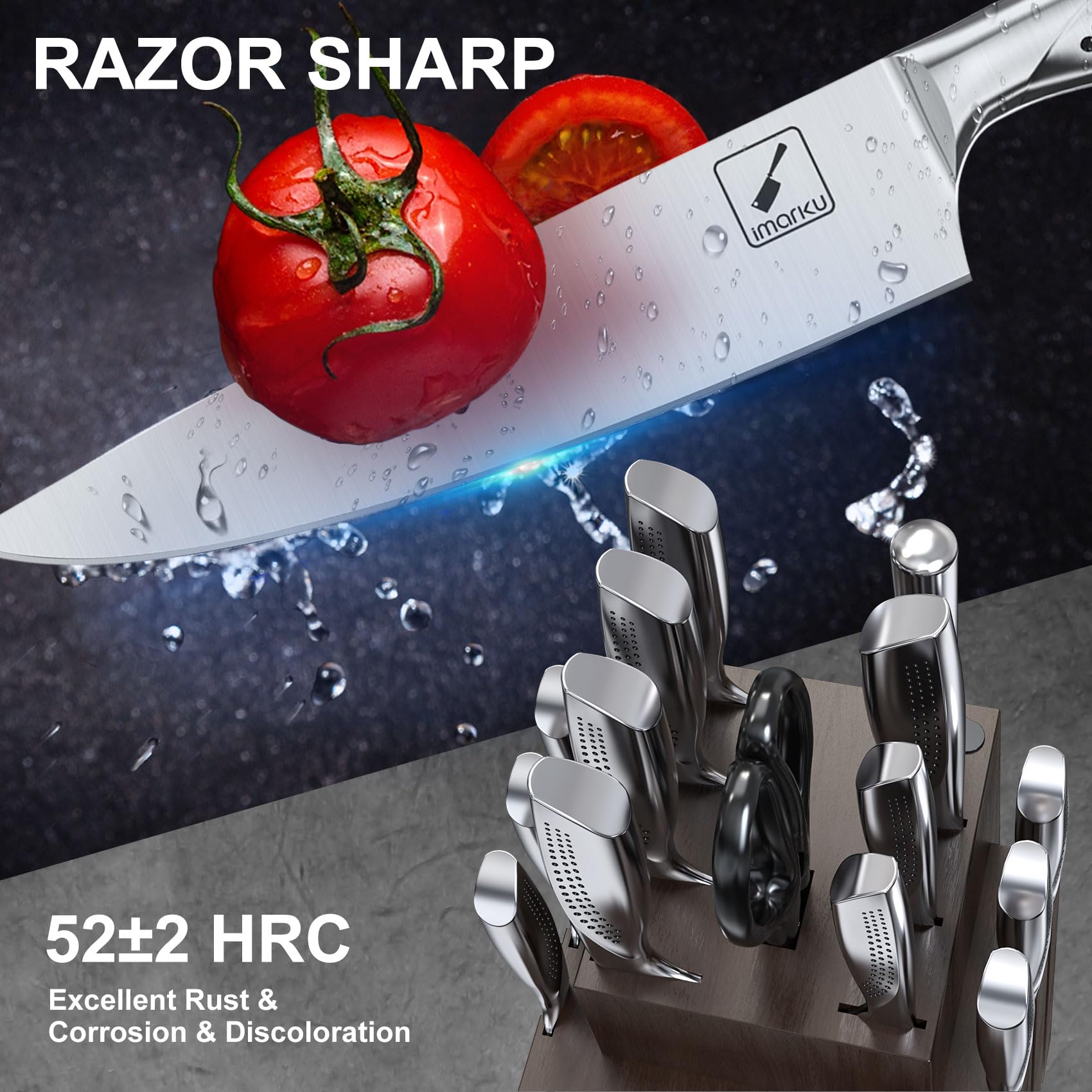 Imarku 16-Piece High Carbon Stainless Steel Kitchen Knife Set with Block - Ultra Sharp Japanese Knives, Non-Slip Ergonomic Handle, Dishwasher Safe - Perfect for Home Chefs, Cooking Enthusiasts & Gift Giving