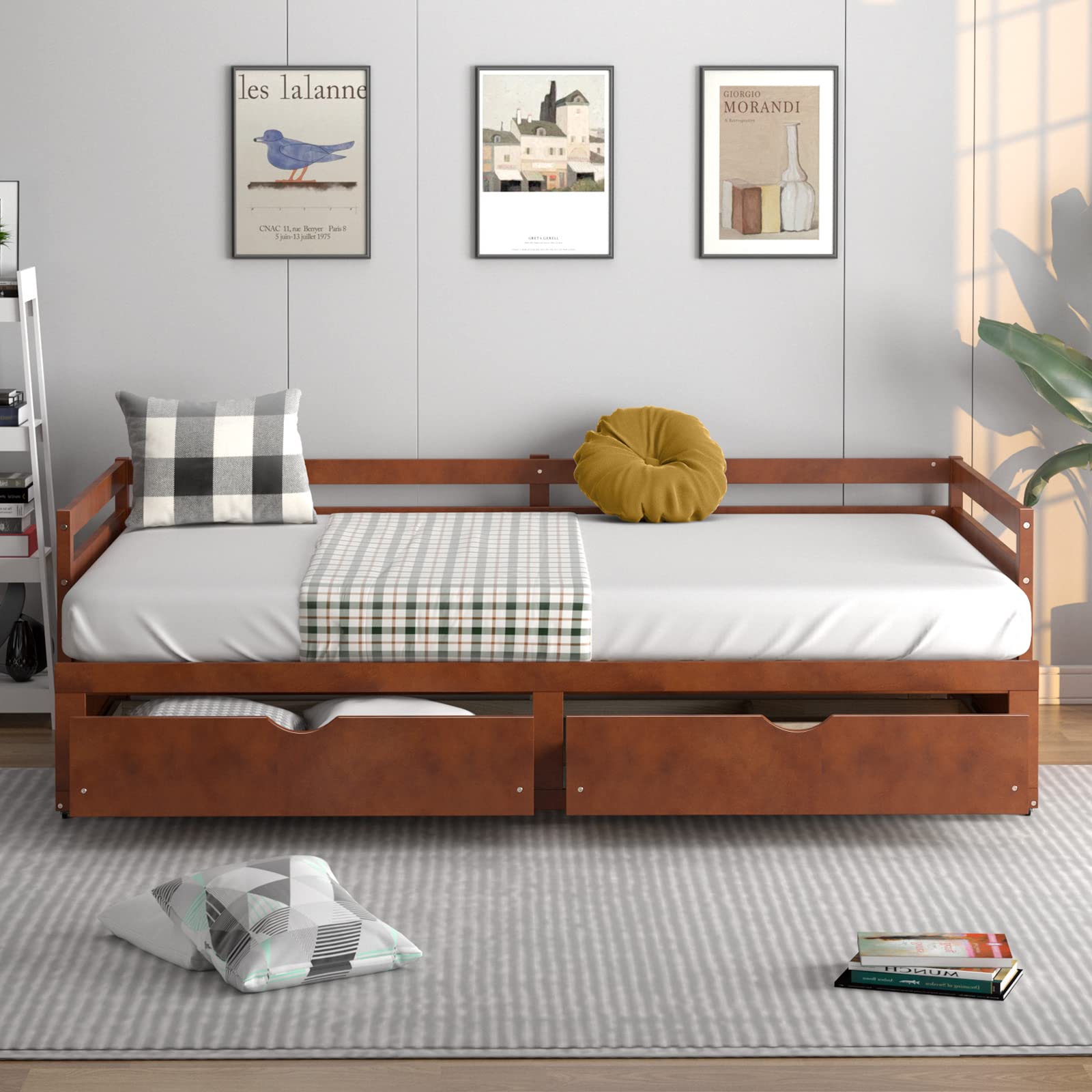 Giantex Wood Daybed with Trundle - Twin to King Size Extendable Daybed with 2 Storage Drawers, Modern Dual-Use Sofa Bed for Teens & Adults, No Box Spring Needed, Walnut Finish - Perfect for Small Bedrooms, Guest Rooms, and Living Spaces