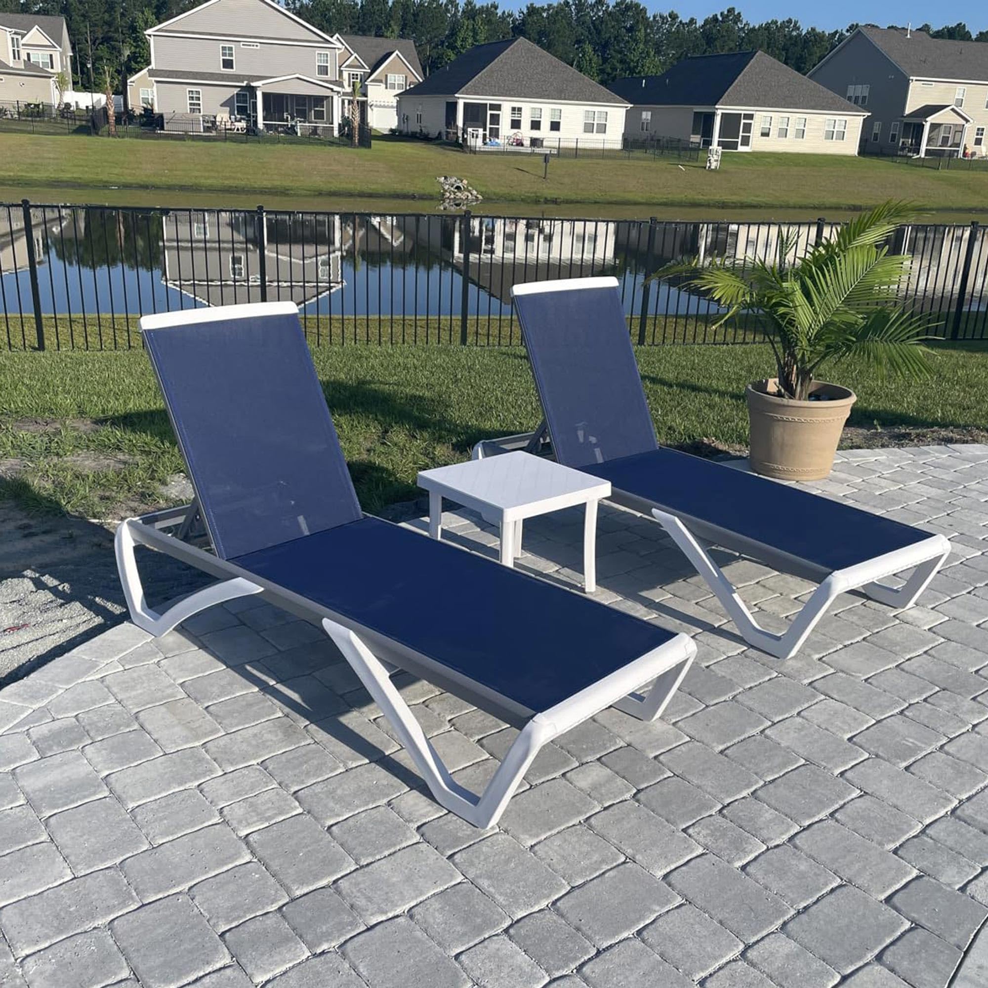 PURPLE LEAF 3-Piece Patio Chaise Lounge Chair Set - Aluminum & Plastic Stackable Sun Loungers for Pool, Beach, Deck - Dark Blue Outdoor Tanning Chairs for Relaxing & Sunbathing