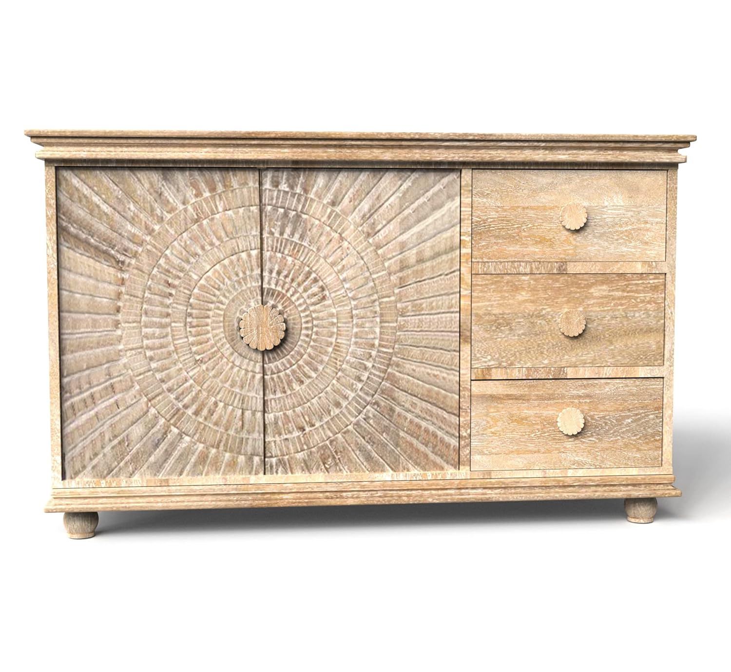 Handcrafted Corsica Sunburst Carved Solid Mango Wood Sideboard Cabinet - Farmhouse White Storage Chest for Dining Room & Living Room Decor