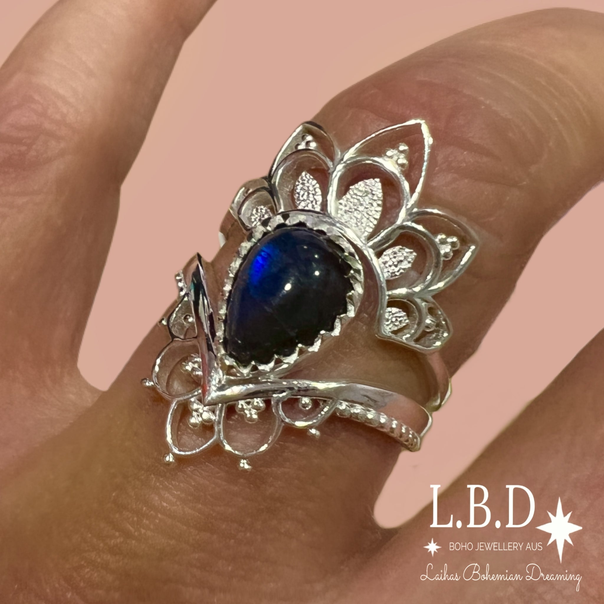 Boho Labradorite Ring Set for Women - Sterling Silver Stackable Rings with Natural Stone - Perfect for Boho Chic, Hippie Jewelry & Everyday Wear