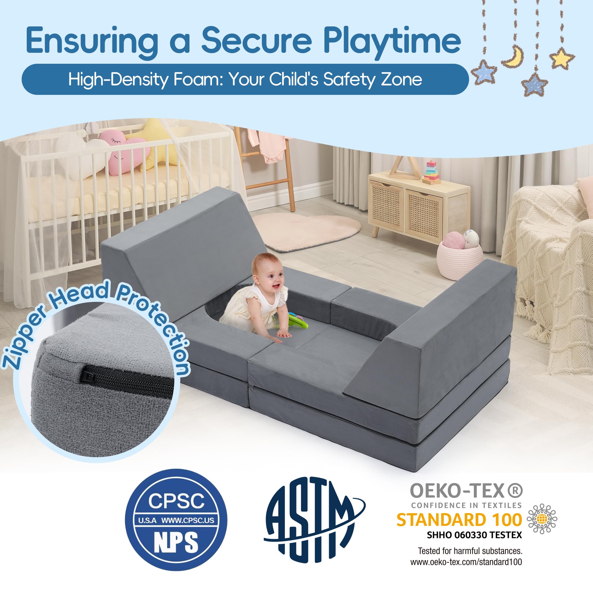Kids and Toddler Play Couch - 66 Inch Extra Large Convertible Folding Sofa with Durable Foam Modular Design for Playroom, Nursery & Indoor Playtime (Grey, 8-Piece Set) - Perfect for Imaginative Play, Reading Nook, and Cozy Lounging
