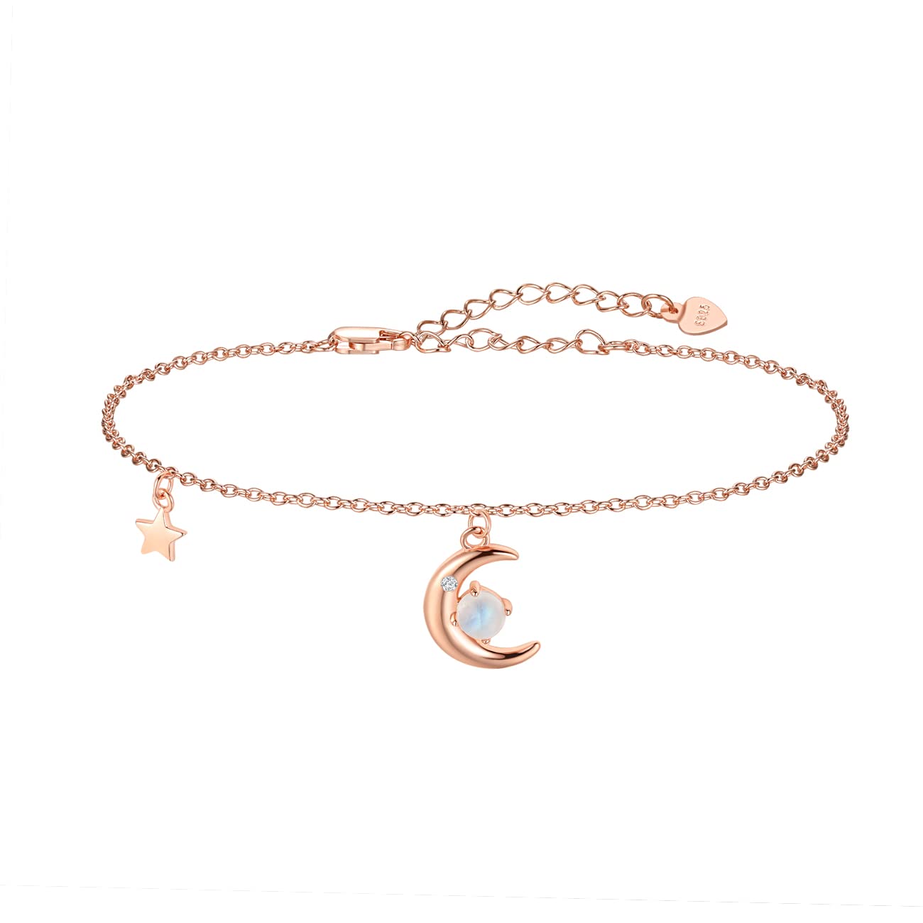 S925 Moonstone Bracelet - Rose Gold Crescent Moon & Star Dainty Friendship Bracelet for Women & Girls | Birthday Gift, Boho Jewelry for Everyday Wear & Special Occasions