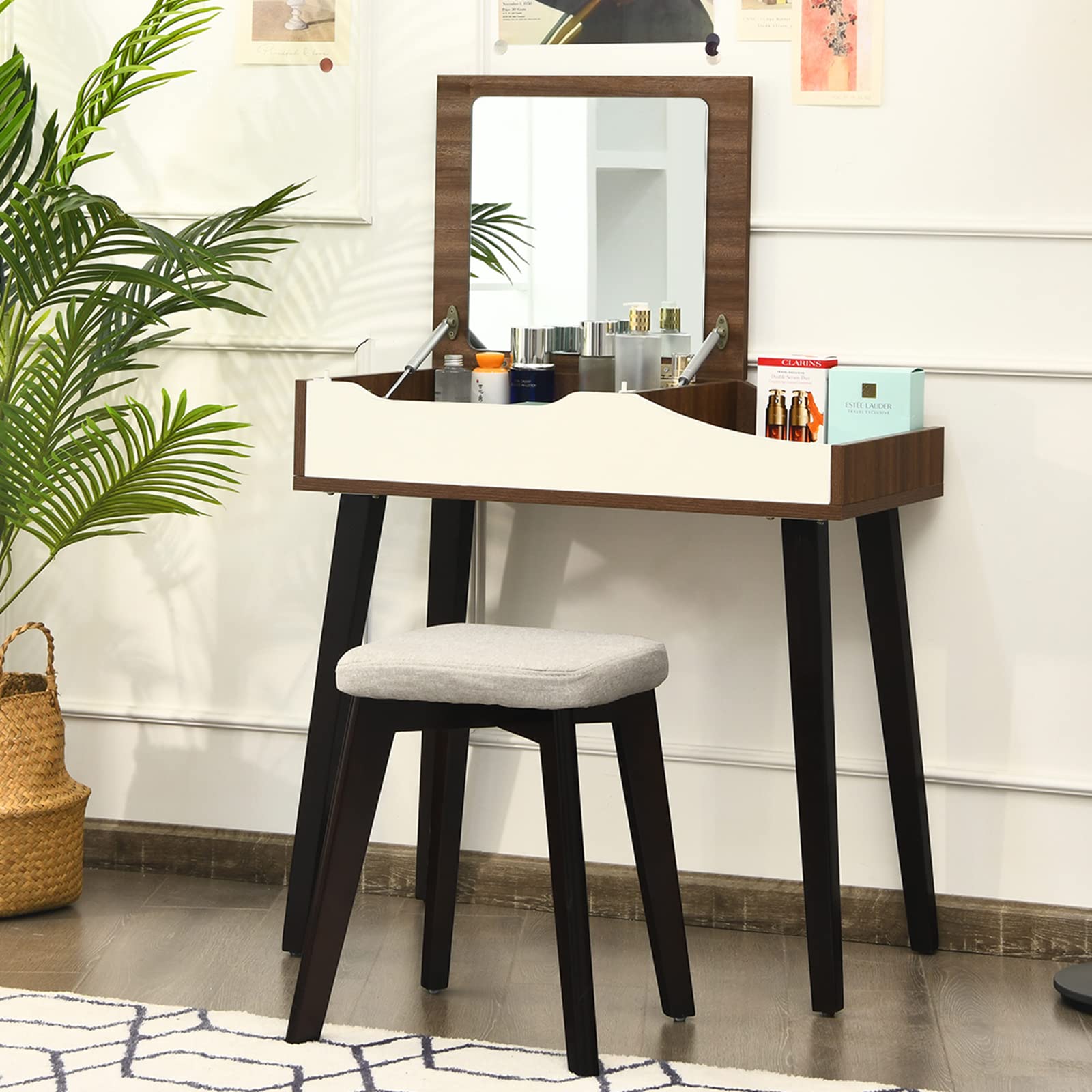 Charmaid Vanity Desk with Flip Top Mirror, Storage Compartments & Removable Dividers - Wooden Makeup Dressing Table & Writing Desk with Stool for Women, Girls & Kids - Perfect for Bedroom, Nursery & Home Office Organization