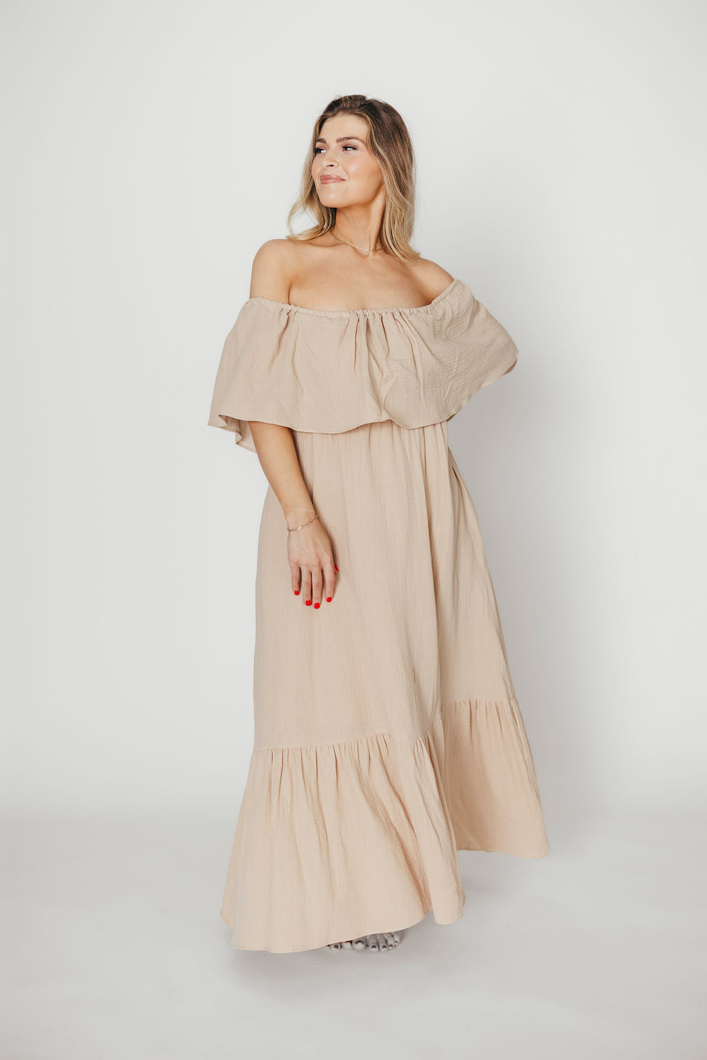 Josie 100% Cotton Maxi Dress in Beige - Bump & Nursing Friendly Maternity Dress for Pregnancy & Breastfeeding | Perfect for Casual Outings, Baby Showers & Nursing Comfort