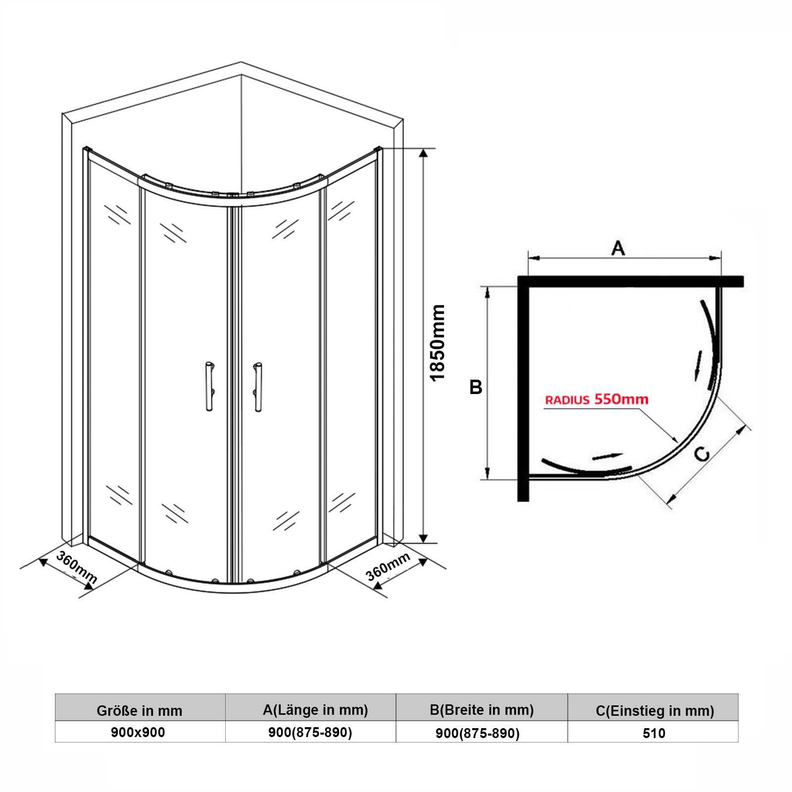 SONNI 90 x 90 Round Quarter Circle Shower Enclosure - Double Sliding Door Tempered Glass Shower Cubicle for Bathroom | Perfect for Small Spaces & Modern Bathroom Designs