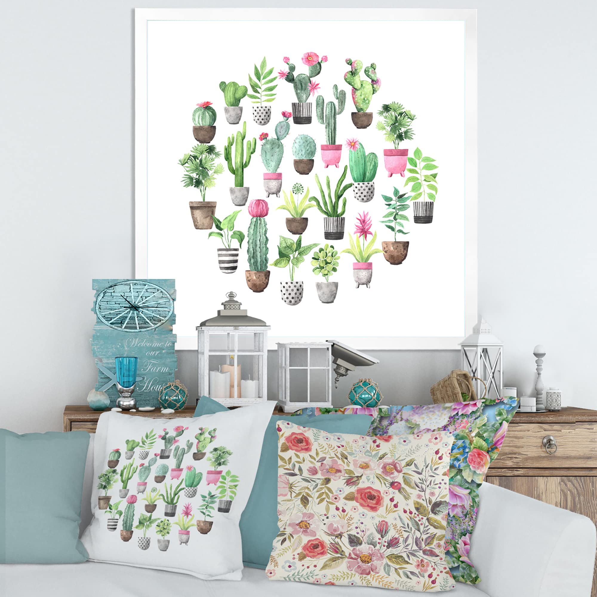 DesignQ Cacti in Ceramic Pots - Gentle Tone Traditional Framed Wall Art for Living Room, Bedroom & Office Decor