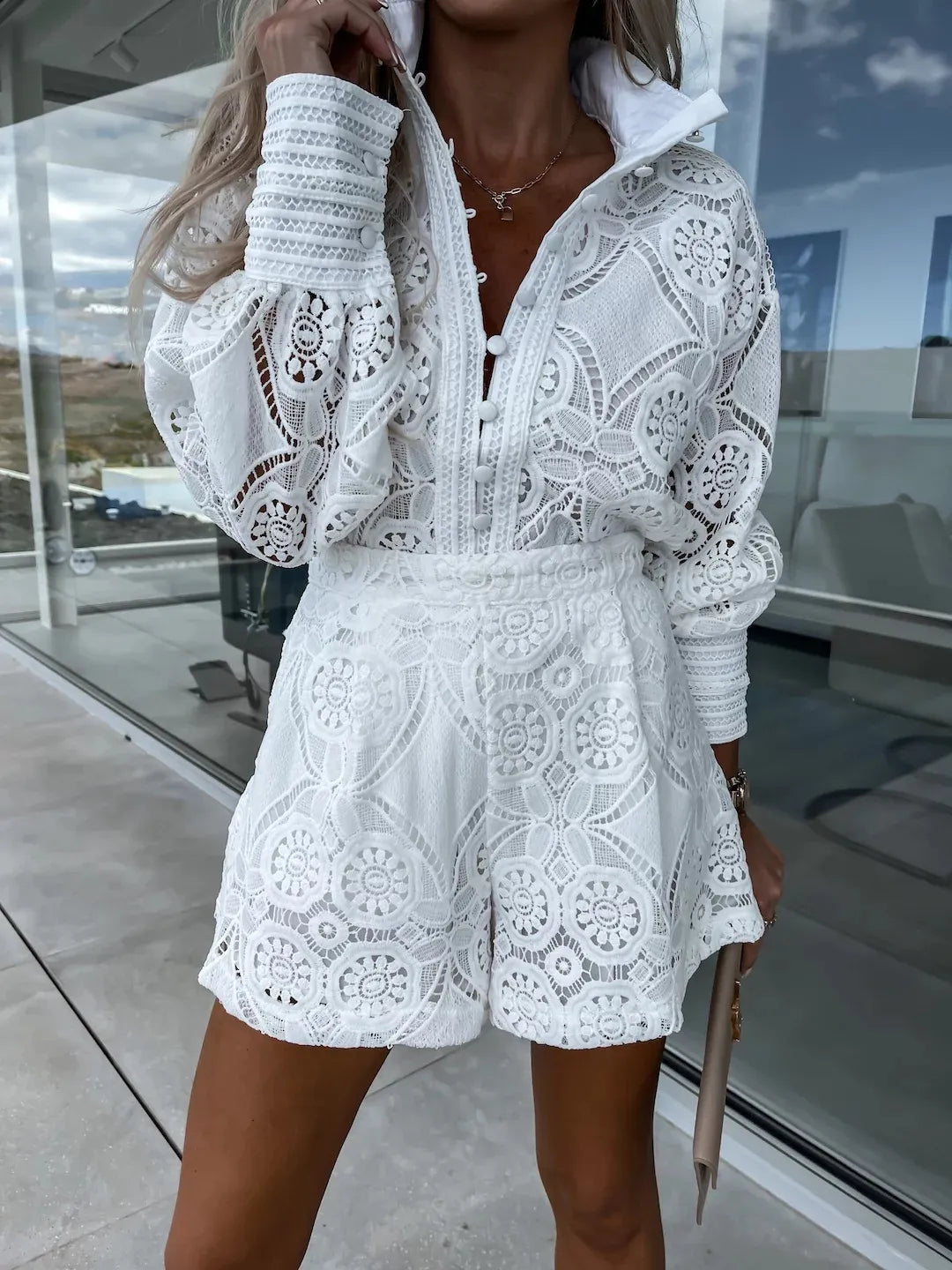 Vintage White Lace Women's 2-Piece Outfit - Elegant Shorts Set with Long Sleeve Top for Spring/Summer Casual Wear, Party, Date Night & Special Occasions