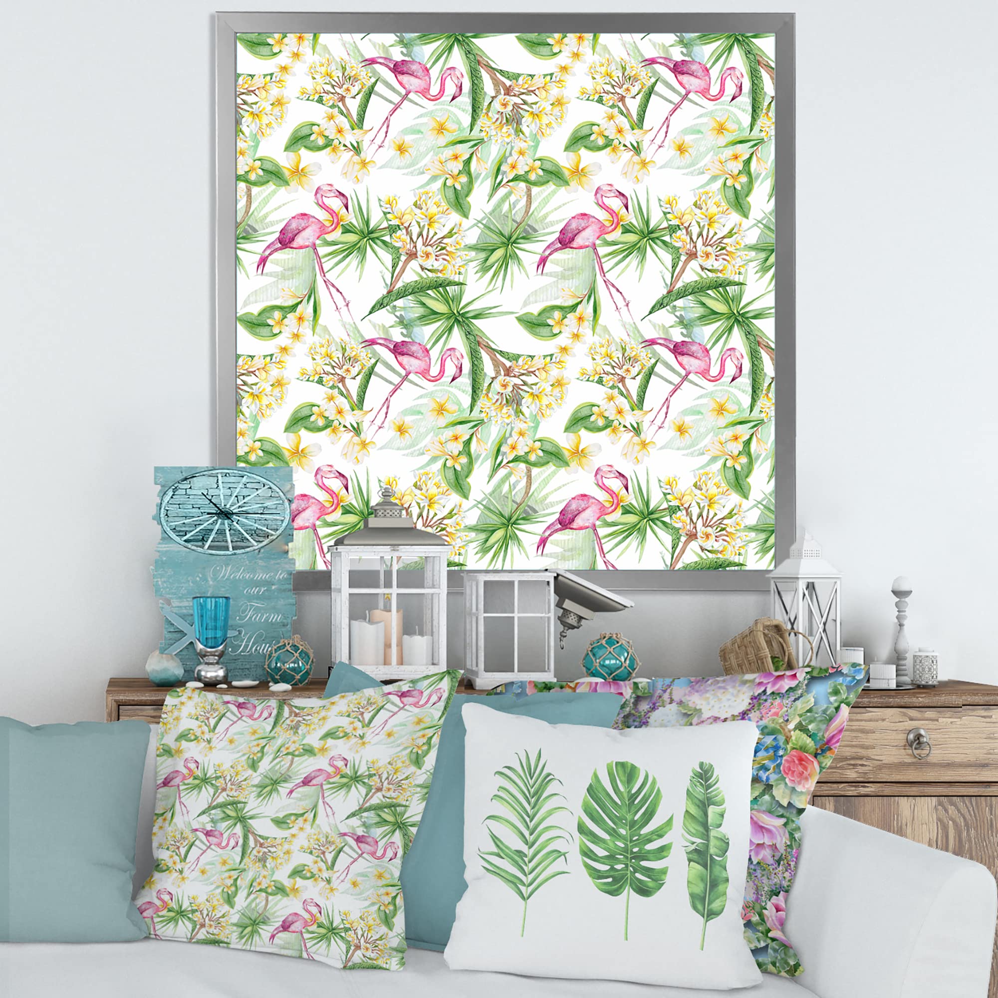 DesignQ Tropical Foliage & Yellow Flowers with Flamingo IV Modern Framed Wall Art - Perfect for Living Room, Bedroom & Office Decor