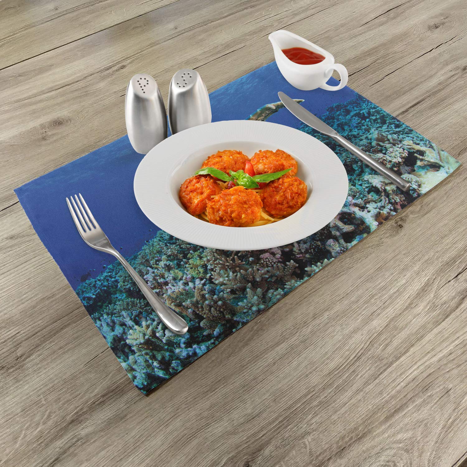 Ambesonne 4-Pack Turtle Place Mats - Deep Blue Ocean Endangered Wildlife Photo Design, Washable Fabric Table Mats for Dining Room & Kitchen Decor in Violet, Blue & Pale Brown - Perfect for Beach Themed Parties & Eco-Friendly Home Decor