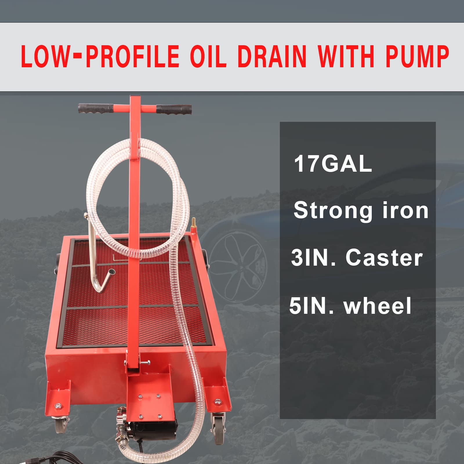 17 Gallon Low Profile Roll Around Oil Drain Pan with 110V Electric Pump & 8ft Hose - Heavy Duty Oil Change Kit for Trucks, Cars, SUVs (Red) - Ideal for DIY Mechanics & Professional Auto Shops