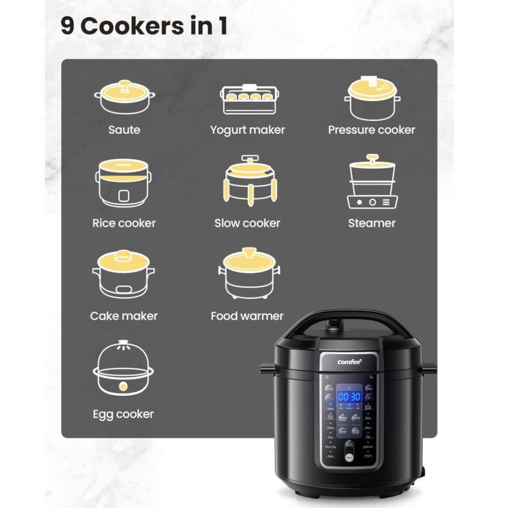 COMFEE CPC60D7ABB 9-in-1 Multi-Function Electric Pressure Cooker with 6-Quart Capacity - Blemished Packaging (Full Warranty Included) - Perfect for Fast Cooking, Meal Prep & Family Dinners