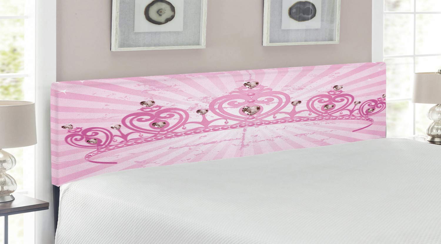 Ambesonne Queen Size Upholstered Headboard - Pink Heart Shaped Cartoon Crown Design on Radial Backdrop, Romantic Decorative Metal Bed Frame with Memory Foam Padding | Perfect for Girls' Bedroom, Nursery Decor & Princess Themed Bedroom (Pale Pink)