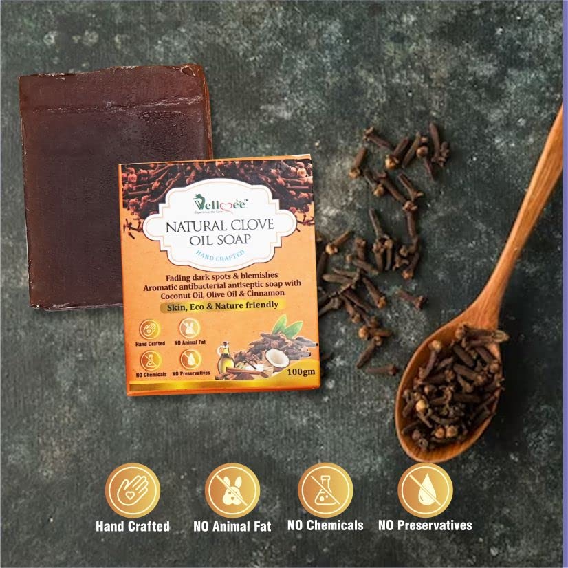 WELLMEE Natural Clove Oil Antibacterial Handmade Soap with Coconut Oil & Olive Oil - Reduces Dark Spots & Nourishes Skin - 100g Bar Soap for Acne Treatment, Daily Cleansing & Spa Relaxation