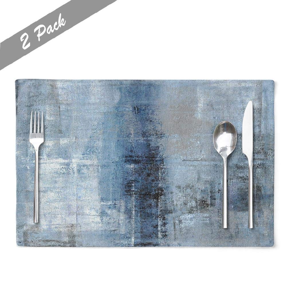 Blue and Grey Abstract Art Linen Placemats Set of 2 - Heat Resistant 18x12 Inch Dining Table Mats for Kids & Adults - Perfect for Family Meals, Dinner Parties & Home Decor