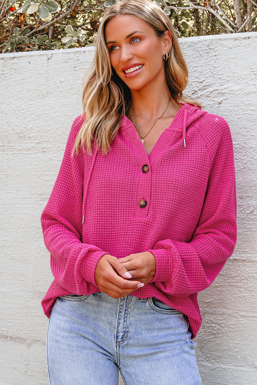 Women's Waffle Knit Hoodie - Long Sleeve Drawstring Button V-Neck Casual Pullover Sweatshirt | Perfect for Fall Layering, Lounge Wear & Outdoor Activities