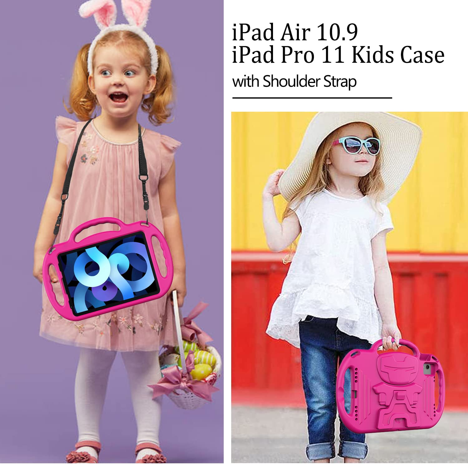 LTROP Kids Shockproof iPad Case for iPad Air 6th/5th/4th Gen & Pro 11 (2024/2022/2020 Models) - Durable Protective Cover with Shoulder Strap, Handle & Stand for 10.9-11 inch Tablets (Rose Pink) - Perfect for School, Travel & Home Learning