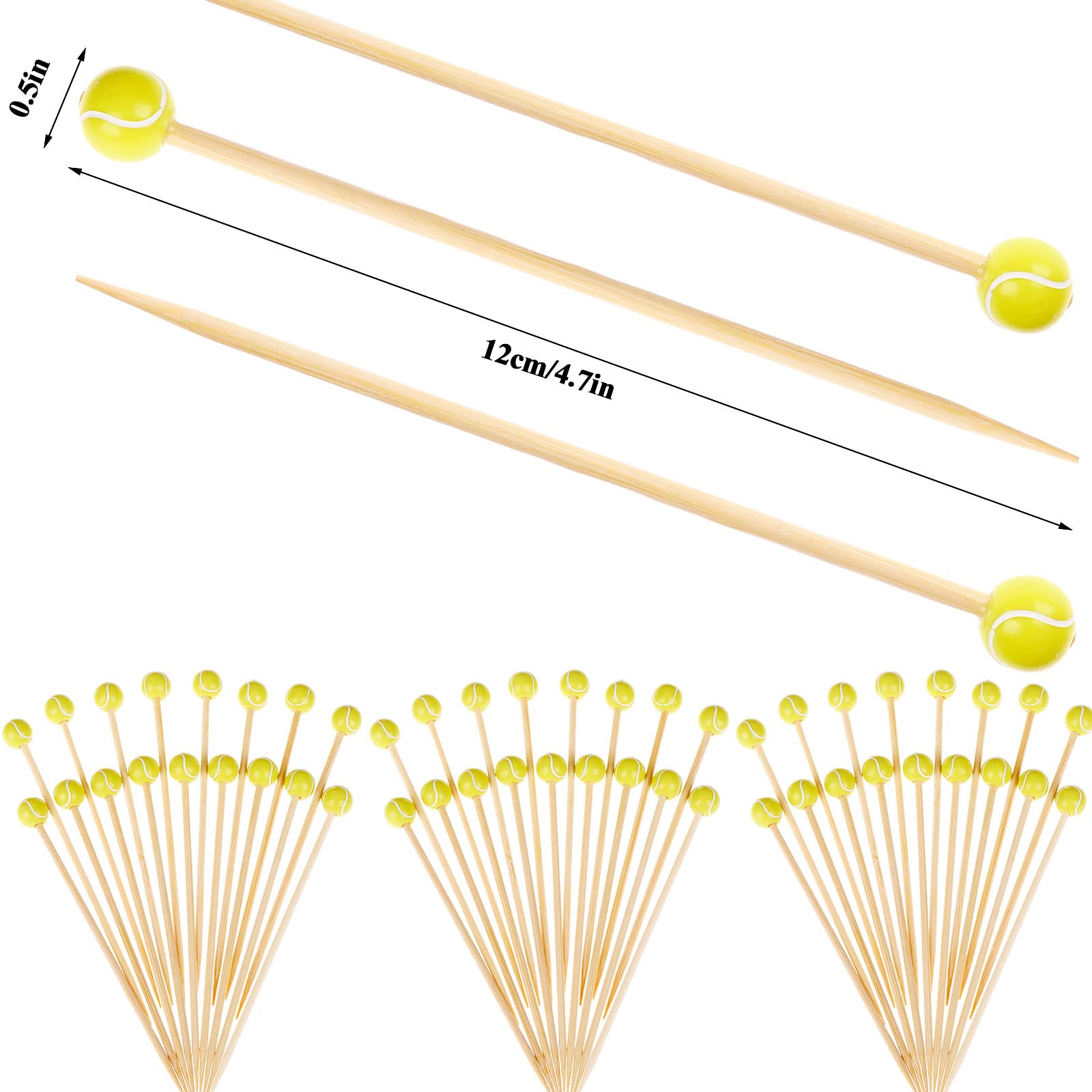 100-Piece 4.7 Inch Bamboo Cocktail Picks with Sports Ball Ends - Wooden Decorative Skewers for Appetizers, Fruits, and Party Foods - Perfect for Tennis Themed Parties, BBQ Gatherings, and Wedding Receptions