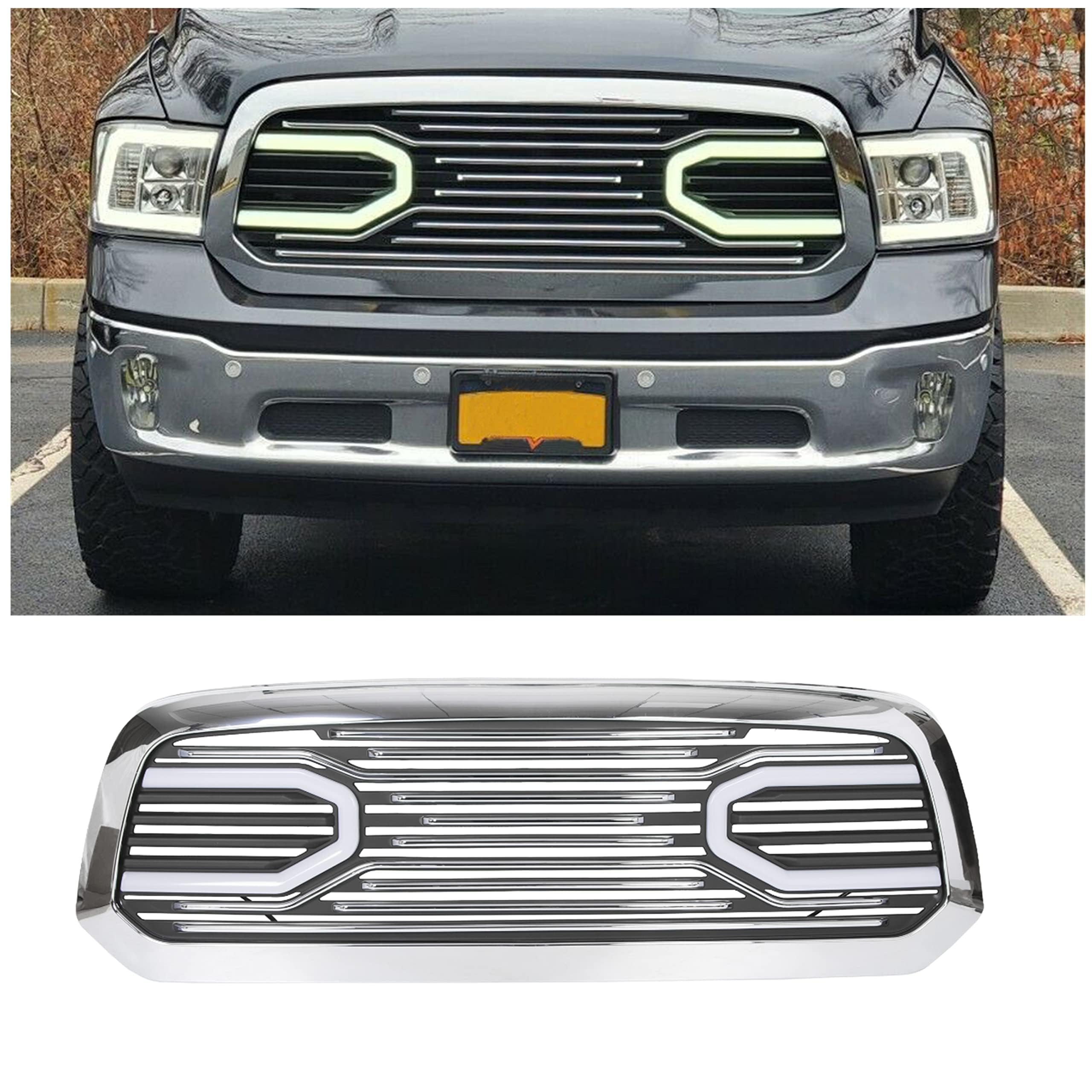 ECOTRIC Chrome Front Grill with LED Light Compatible with 2013-2018 Dodge RAM 1500 | Big Horn Hood Grille Replacement Shell | Perfect for Off-Road & Truck Customization