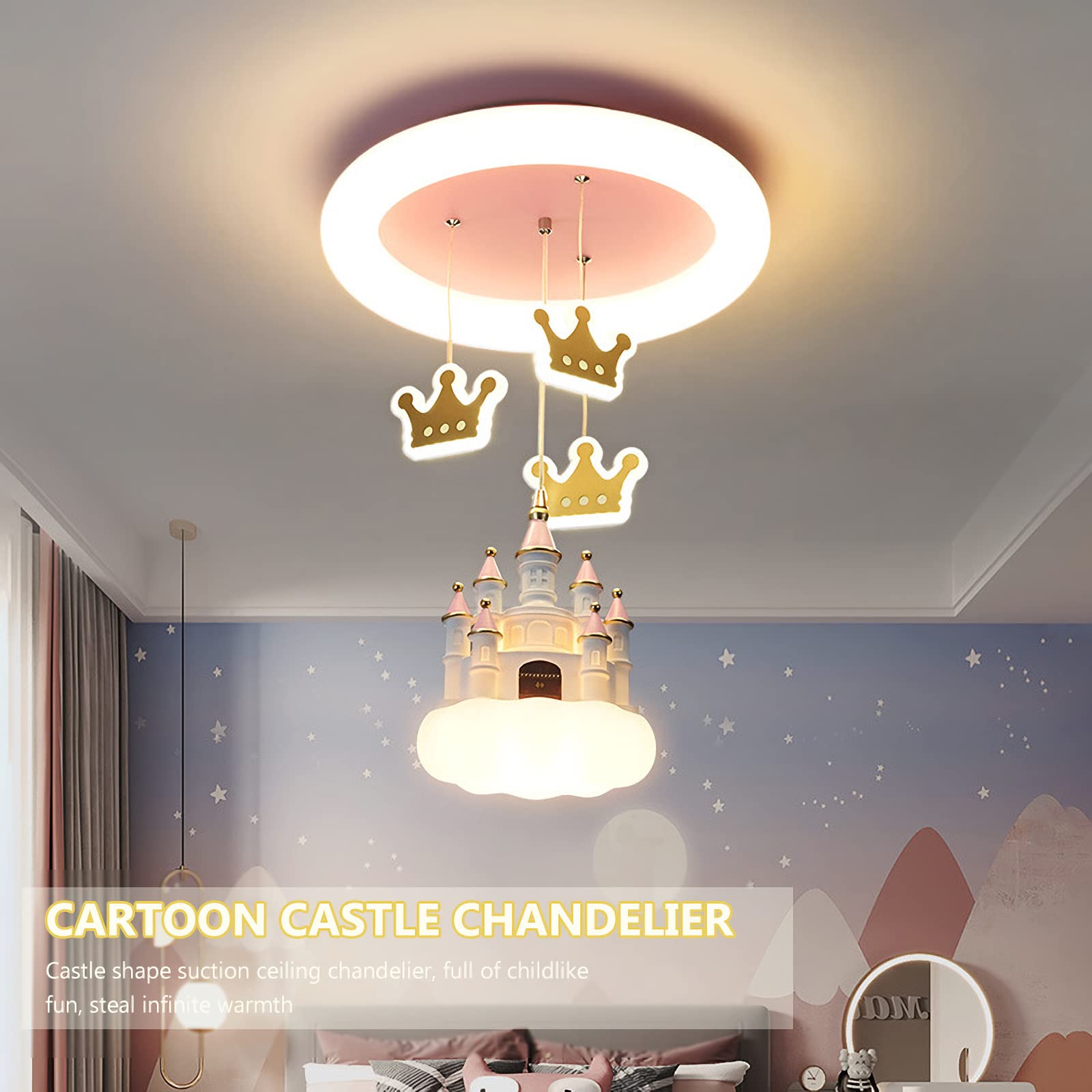 Pink Castle Kids Ceiling Lamp - Cartoon Cloud Resin Chandelier with Acrylic Lampshade - Modern Crown Mini Chandelier for Girls Bedroom, Nursery, Living Room & Dining Room Decor - Perfect for Princess-Themed Parties & Fantasy Room Design