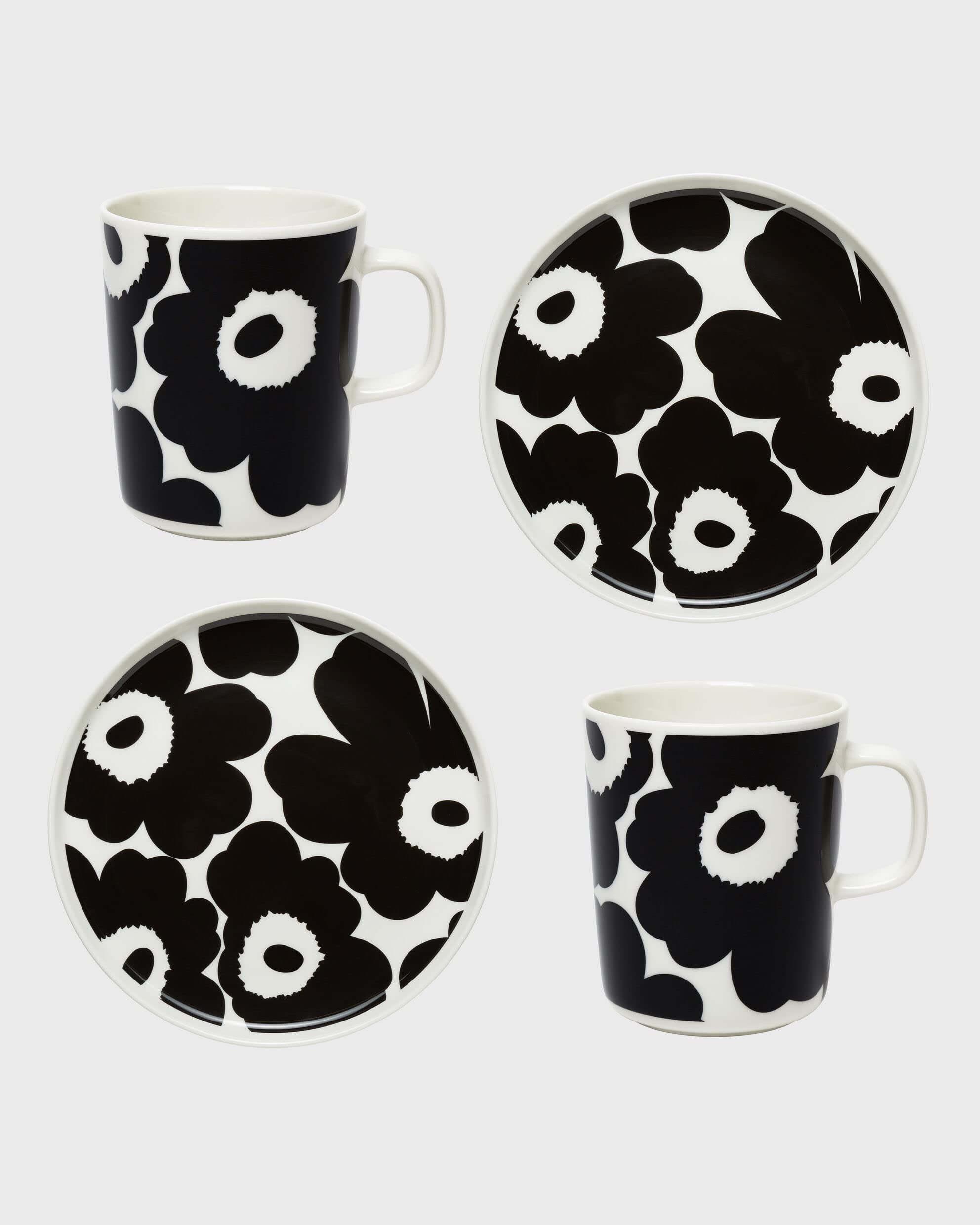 Marimekko Unikko Oiva 4-Piece Stoneware Breakfast Set - Coffee Mugs & Salad Plates for Brunch, Kitchen Decor & Gift Giving