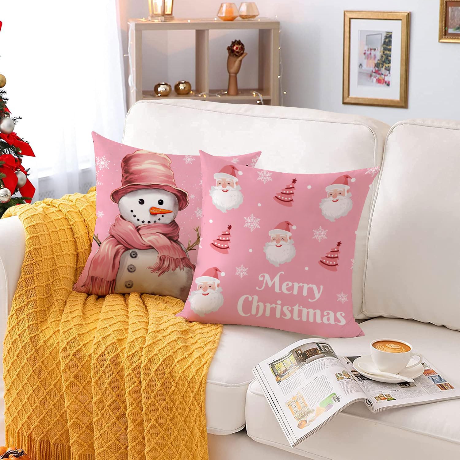 Festive Christmas Pillow Covers Set of 4 - 22x22 Inch Velvet Holiday Throw Pillowcases with Christmas Tree & Snowman Designs in Pink - Perfect for Sofa, Couch, Bed & Outdoor Decor During Winter Holidays
