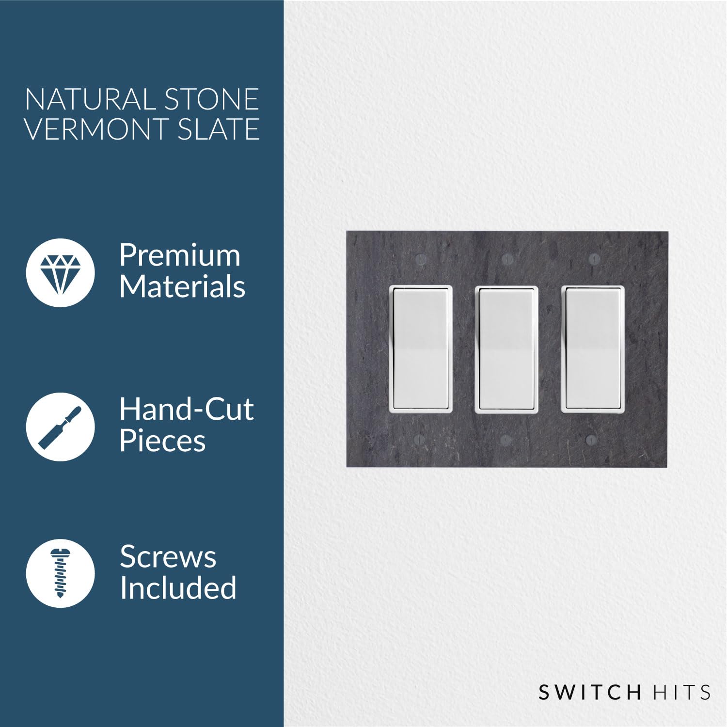 3 Gang Electrical Switch Plate Outlet Wall Plate - GFCI Rocker, Decora Triple Decorator Light Switch Cover Faceplate - Vermont Slate Gray (6.75” W x 5” H) for Home, Office & Commercial Use