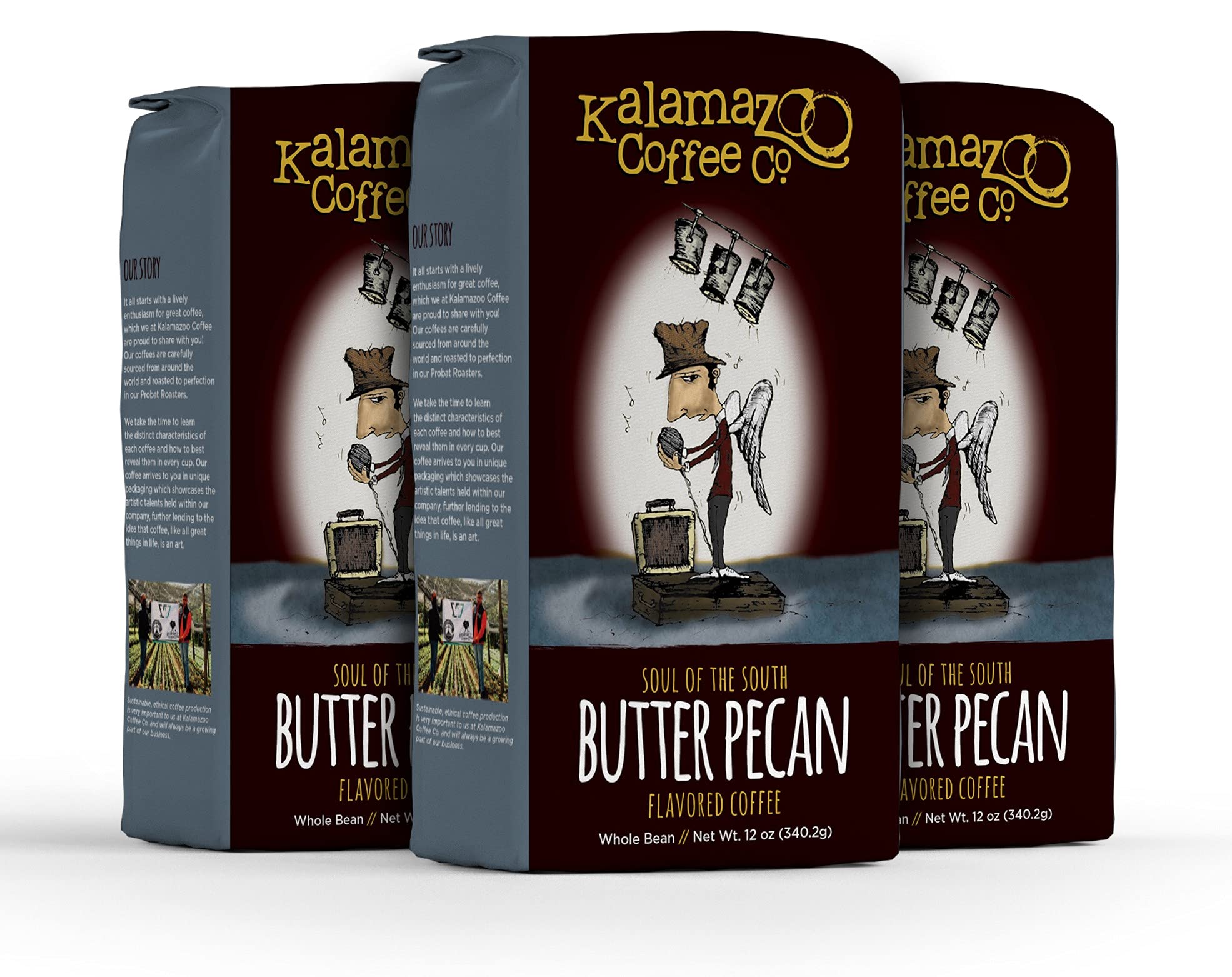 KALAMAZOO COFFEE COMPANY Butter Pecan Whole Bean Coffee - Soul of the South Flavored Coffee | 12oz Bag (3 Pack) | Perfect for Home Brewing, Office Use & Gift Giving